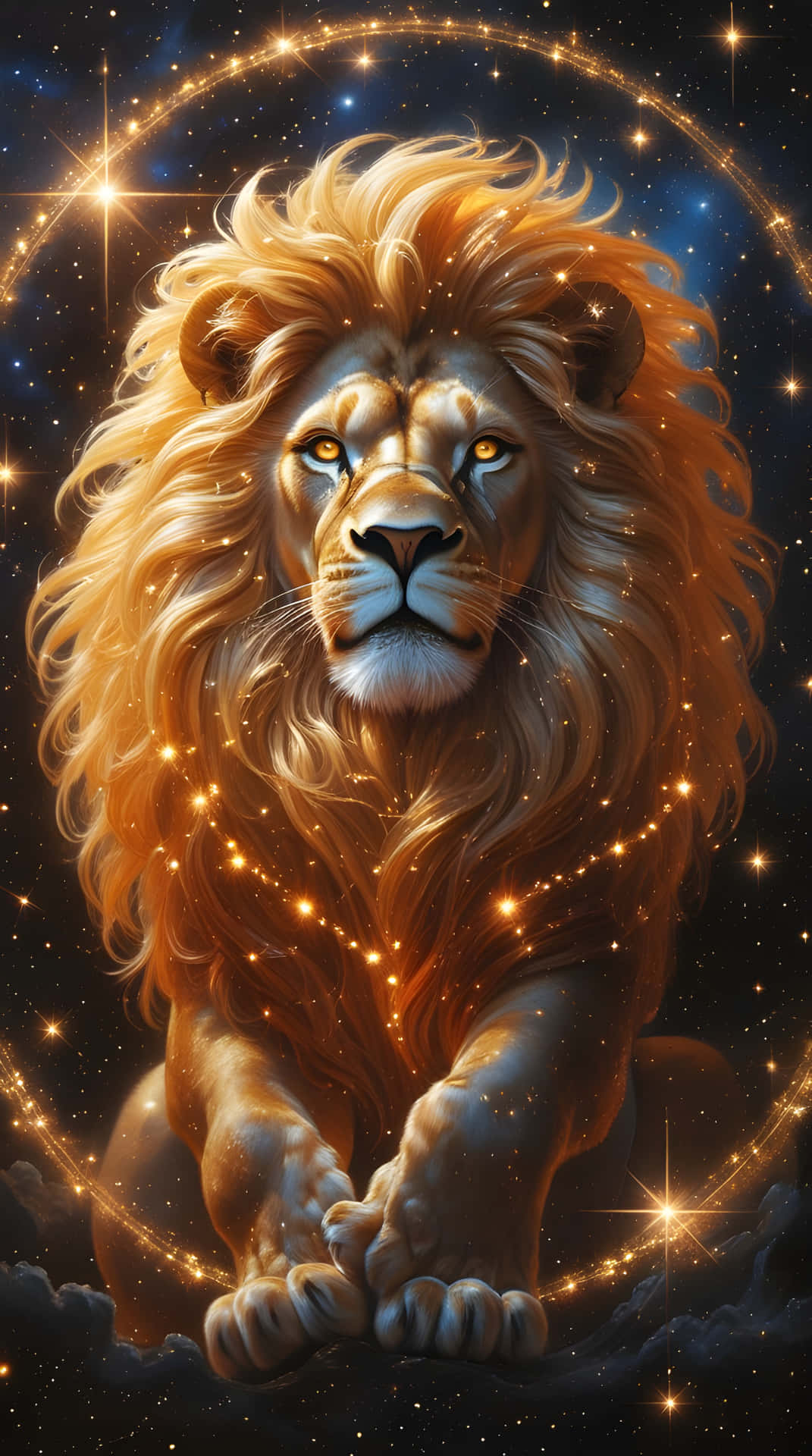 一頭金色獅子，眼睛發光，坐在星空下，周圍有發光的弧線。 — 獅子 壁紙