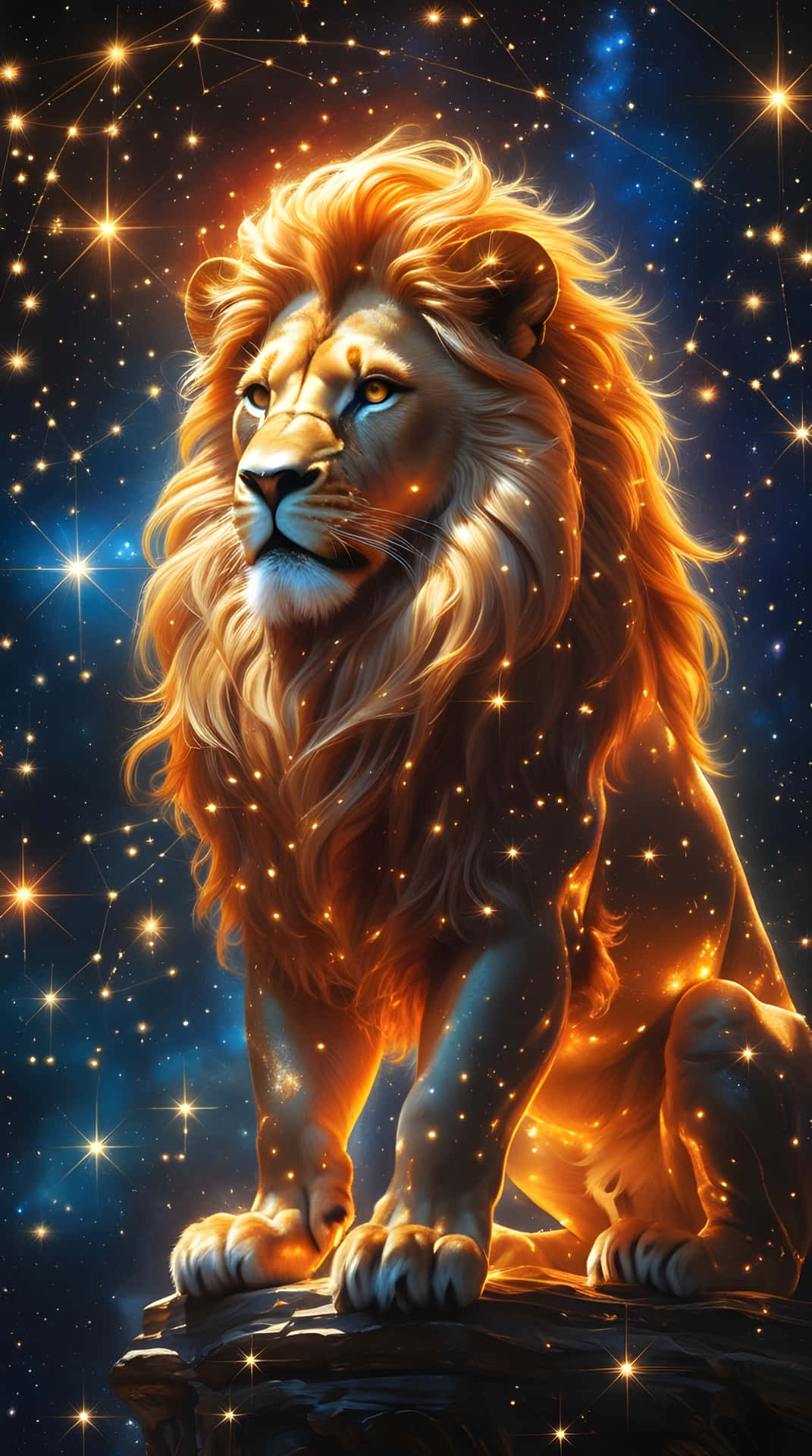 一頭金色獅子，鬃毛發光，坐在岩石上，下方是星空宇宙天空。 — 獅子 壁紙