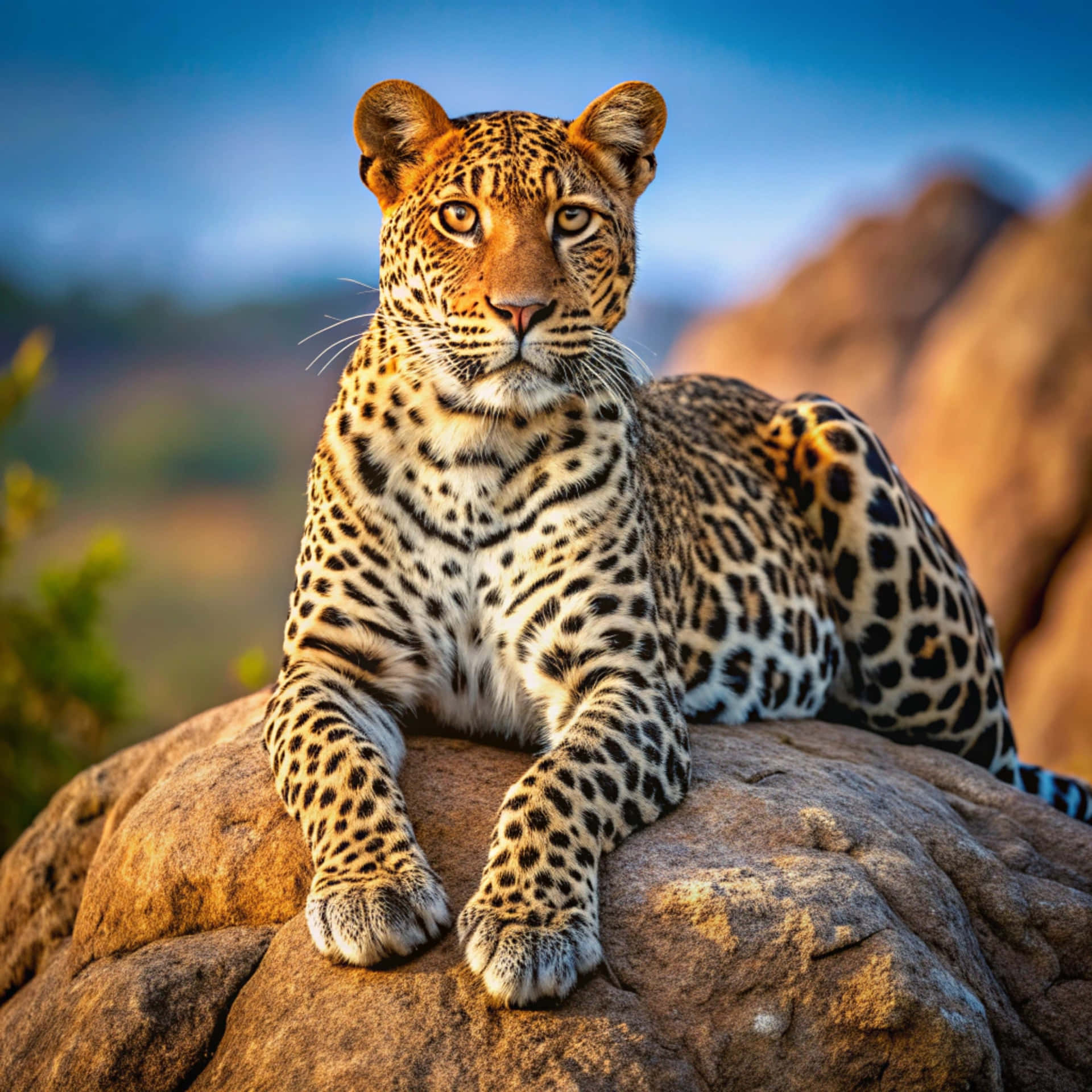 Leopard on the rock 壁紙 — 一頭雄偉的金色皮毛帶黑色玫瑰斑點的花豹，警覺地棲息在陽光照耀的岩石上，背景是模糊的藍天和遠山。
