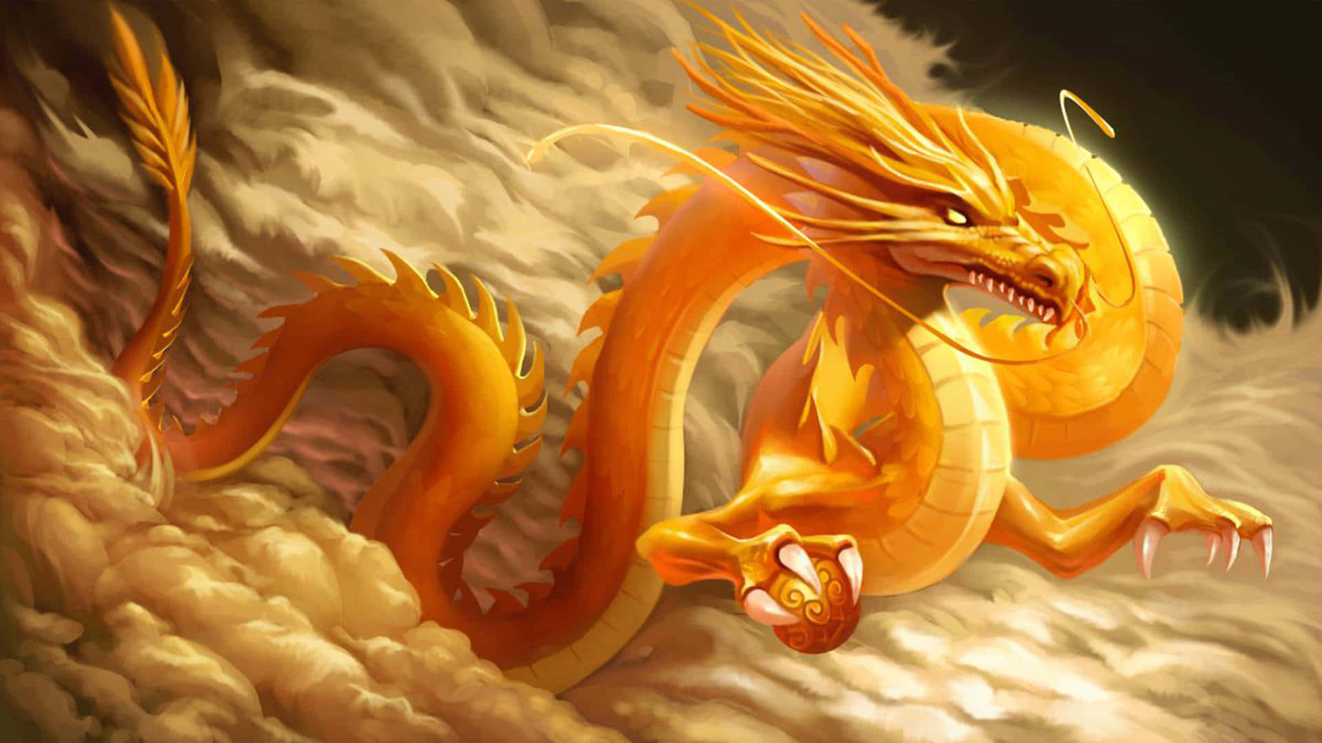 龍 桌布 壁紙 — 一頭雄偉的金龍，擁有火焰般的鬃毛和利爪，從旋轉的雲層中強勢出現，構成戲劇性的奇幻場景。