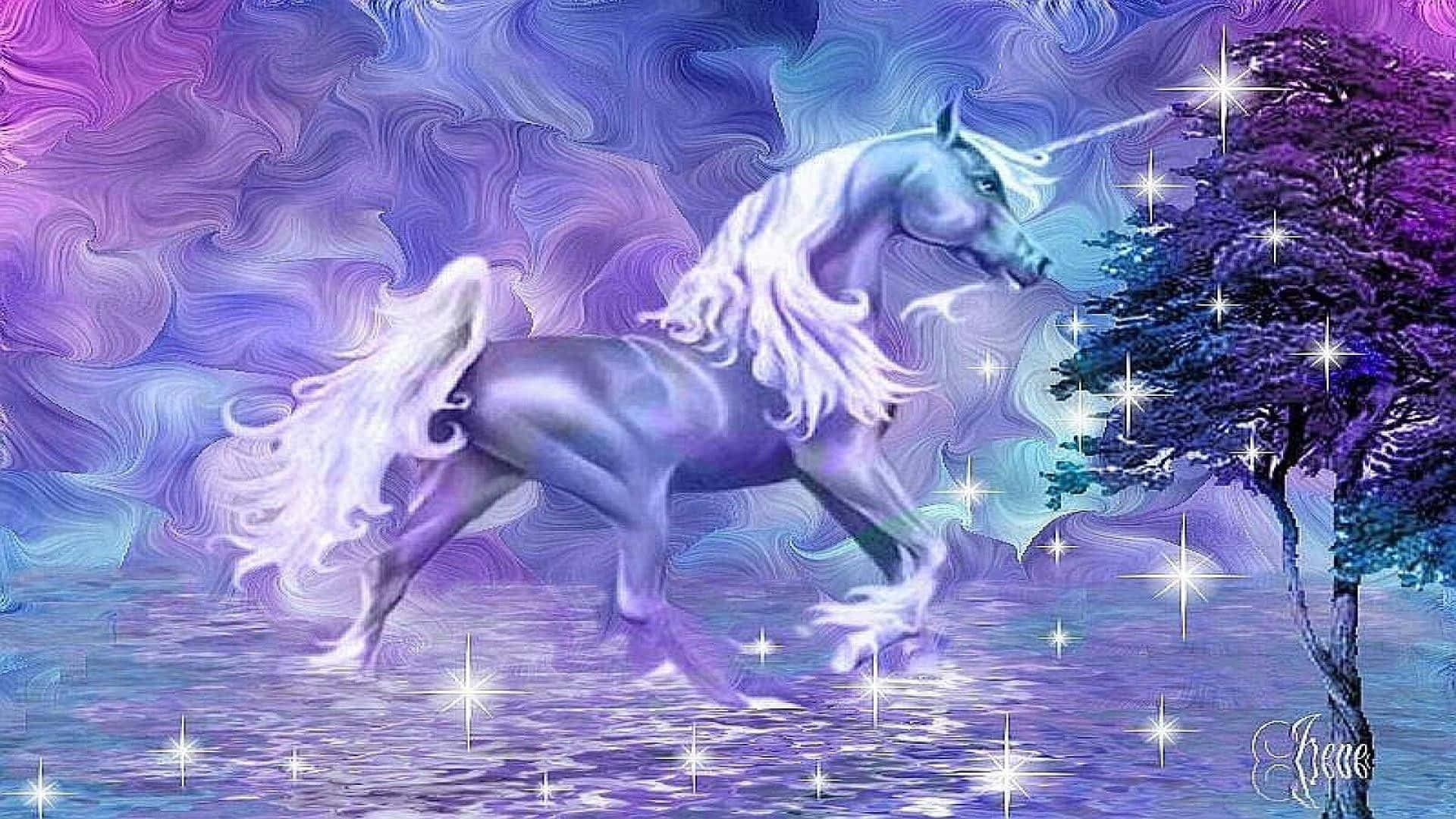 獨角獸 桌布 壁紙 — 一頭雄偉的銀色獨角獸奔馳過閃爍紫色和藍色的魔法森林，伴隨著發光的星星。