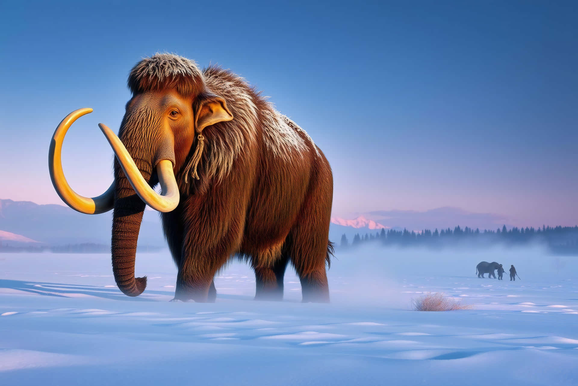 Mammoth 壁紙 — 一頭雄偉的長毛猛獁象，彎曲的象牙，站在廣闊的雪原上，藍天白雲，遠山和兩個小人影在背景中。