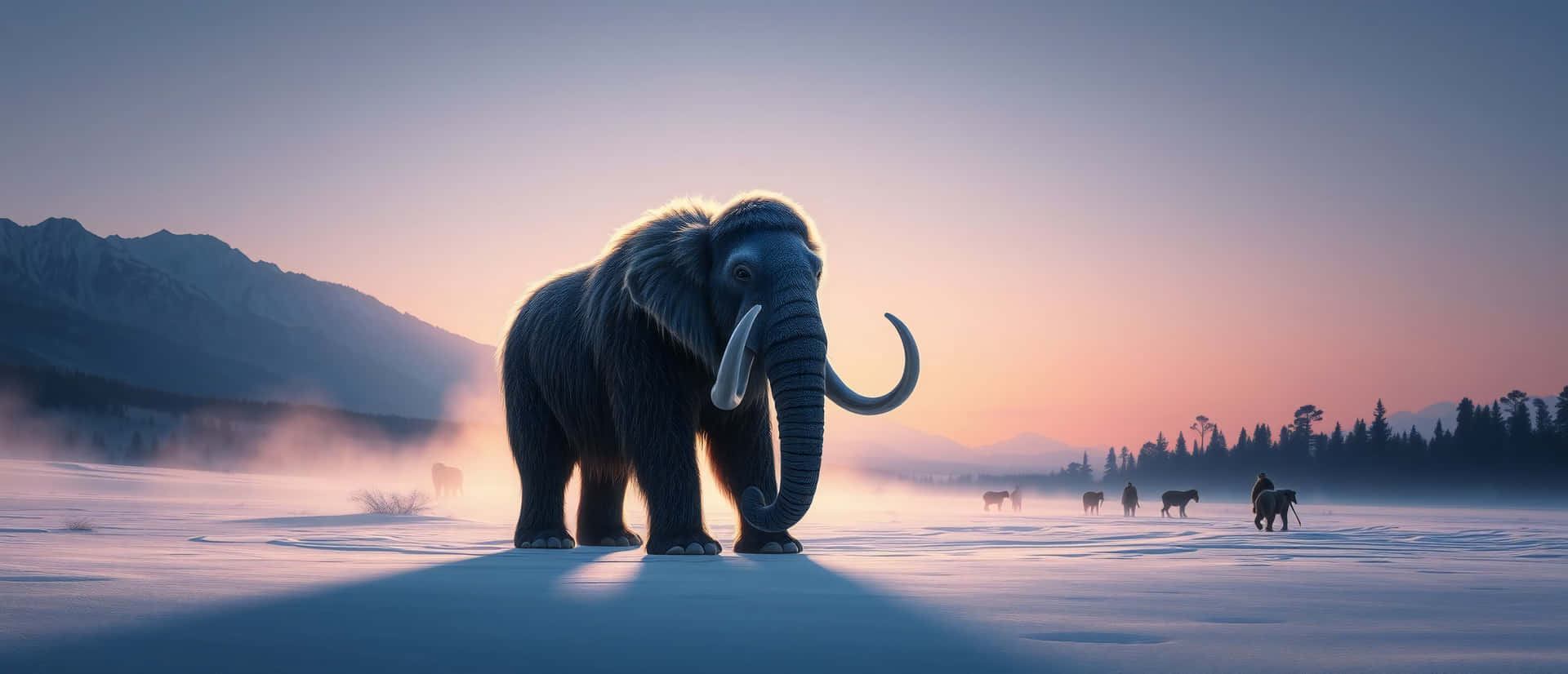Mammoth 壁紙 — 一頭雄偉的長毛猛獁象站在黎明時分的雪地上，背景是山脈和薄霧。