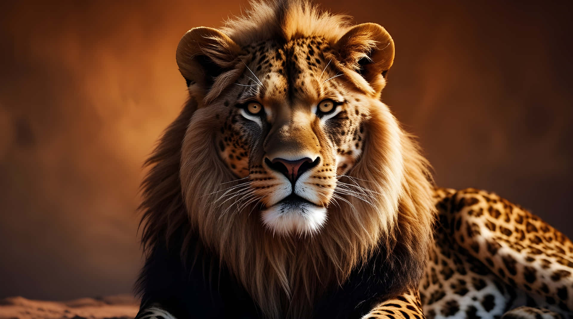 一頭雄獅，擁有完整的金色鬃毛，在溫暖的琥珀色背景下強烈地向前凝視。 — 獅子 壁紙