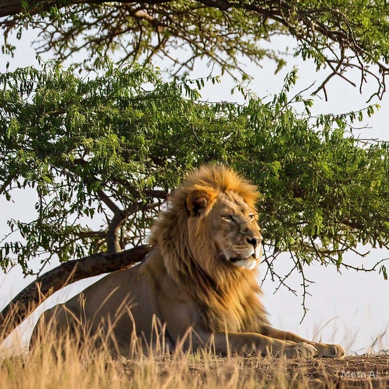 lion for wallpapers 壁紙 — 一頭雄偉的雄獅，擁有濃密的金色鬃毛，在金色草地上一棵枝葉茂密的綠色金合歡樹蔭下休息。