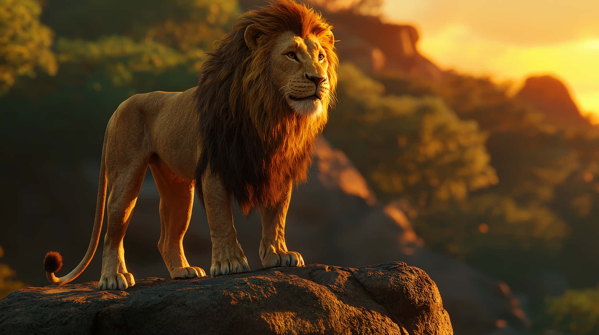 A powerful lion stands proudly on a rock, bathed in golden sunset light, symbolizing strength 壁紙 — 一頭雄偉的雄獅，擁有濃密的鬃毛，在黃金時刻站在岩石露頭上，俯瞰著陽光照耀的稀樹草原景觀。