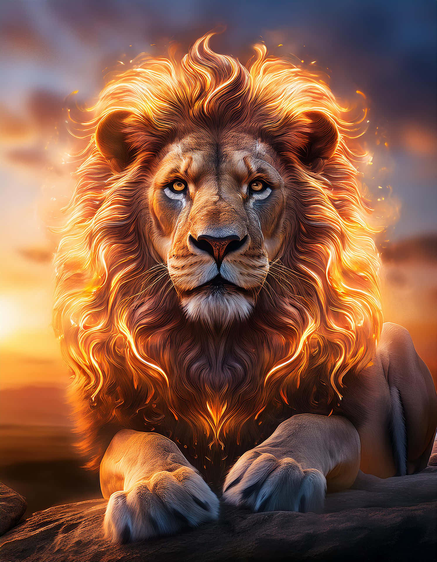 The Power of the Fiery Mane Lion 壁紙 — 一頭雄偉的雄獅，擁有火焰般的金色鬃毛，在日落天空的映襯下，威嚴地棲息在岩石露頭上。