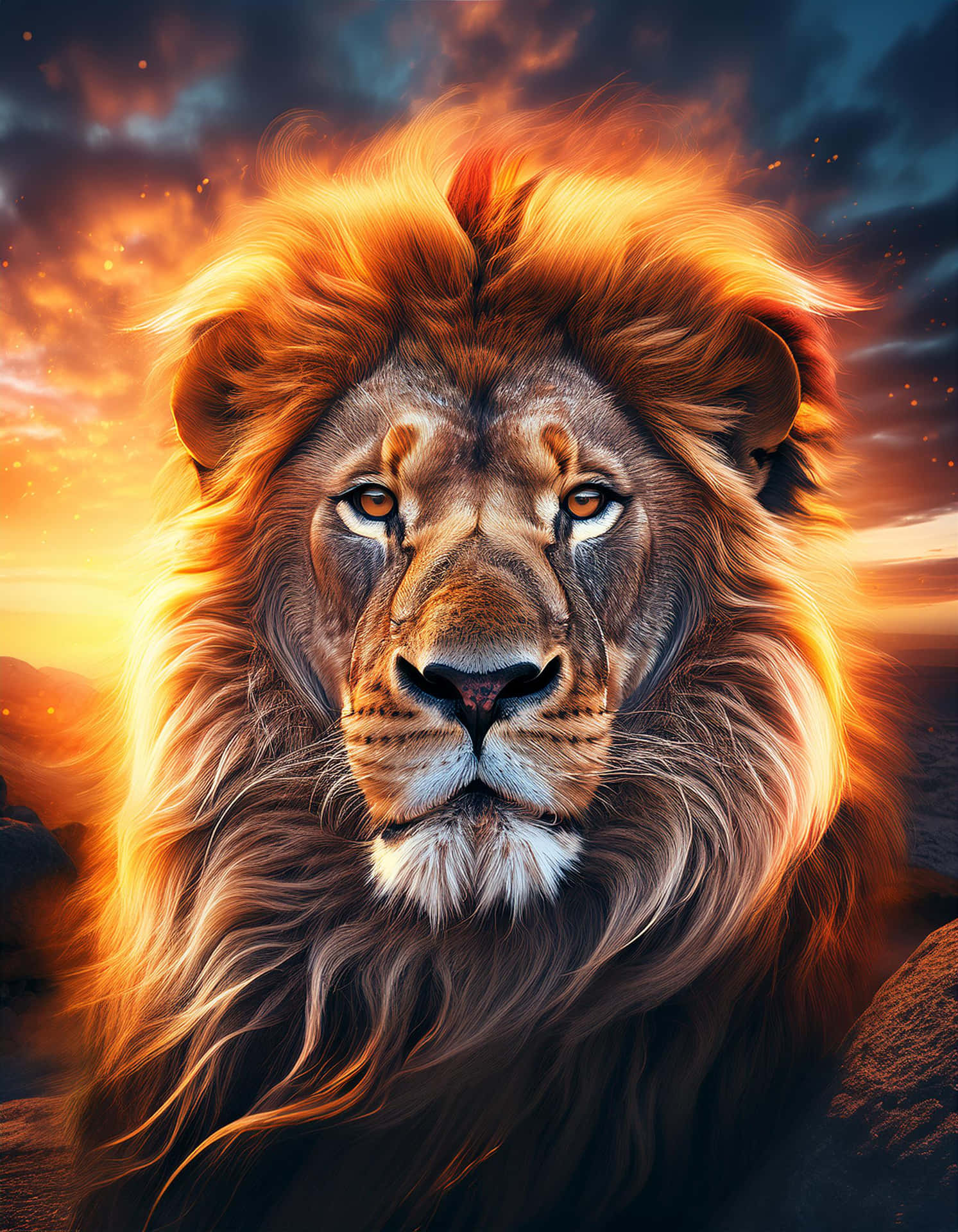 The Power of the Fiery Mane Lion 壁紙 — 一頭雄偉的雄獅，擁有火焰般的鬃毛，在戲劇性的日落天空下凝視著。