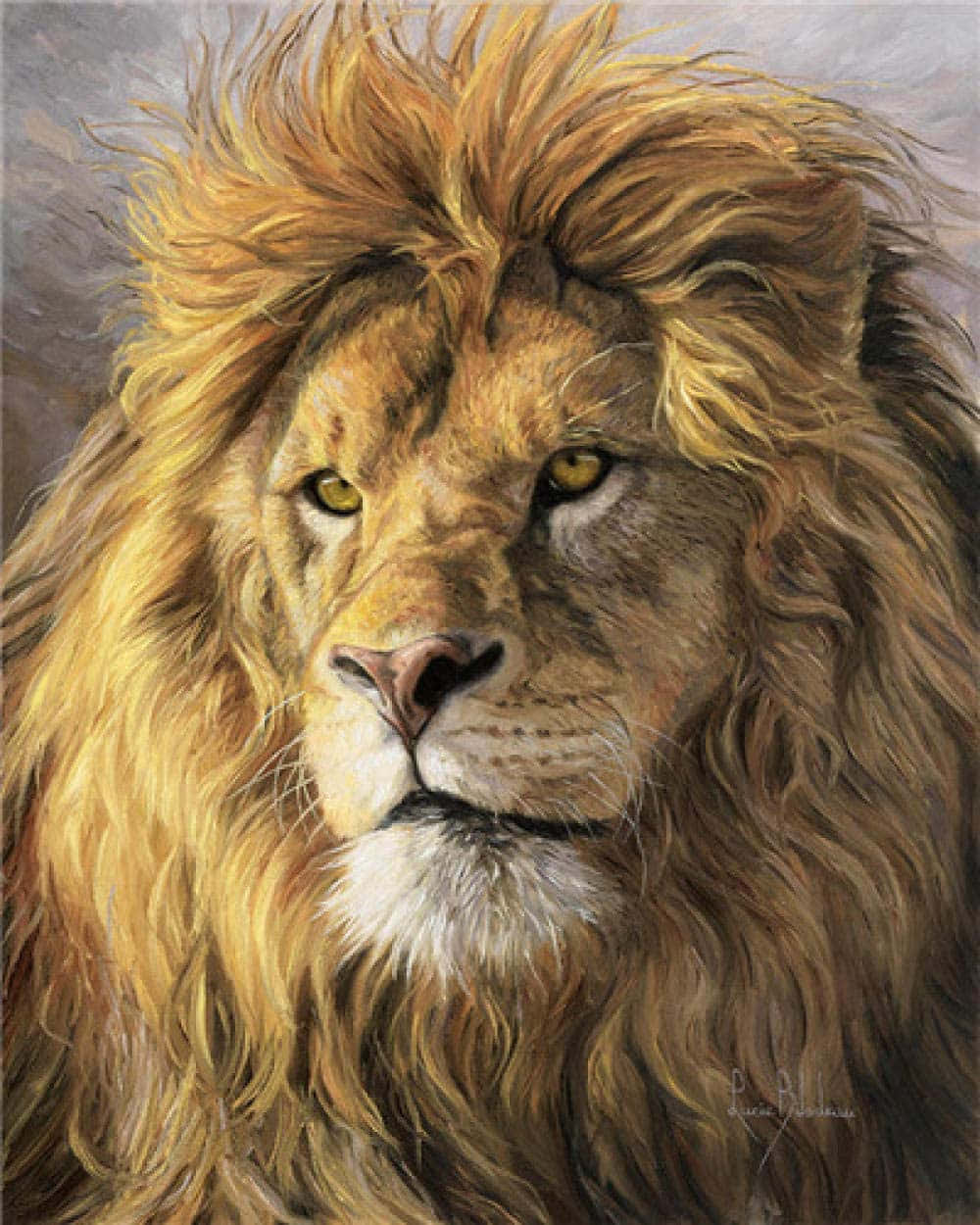 Lion Head 桌布 壁紙 — 一頭雄偉的雄獅，擁有豐滿的金色鬃毛，在細緻的油畫肖像中專注地向前凝視。