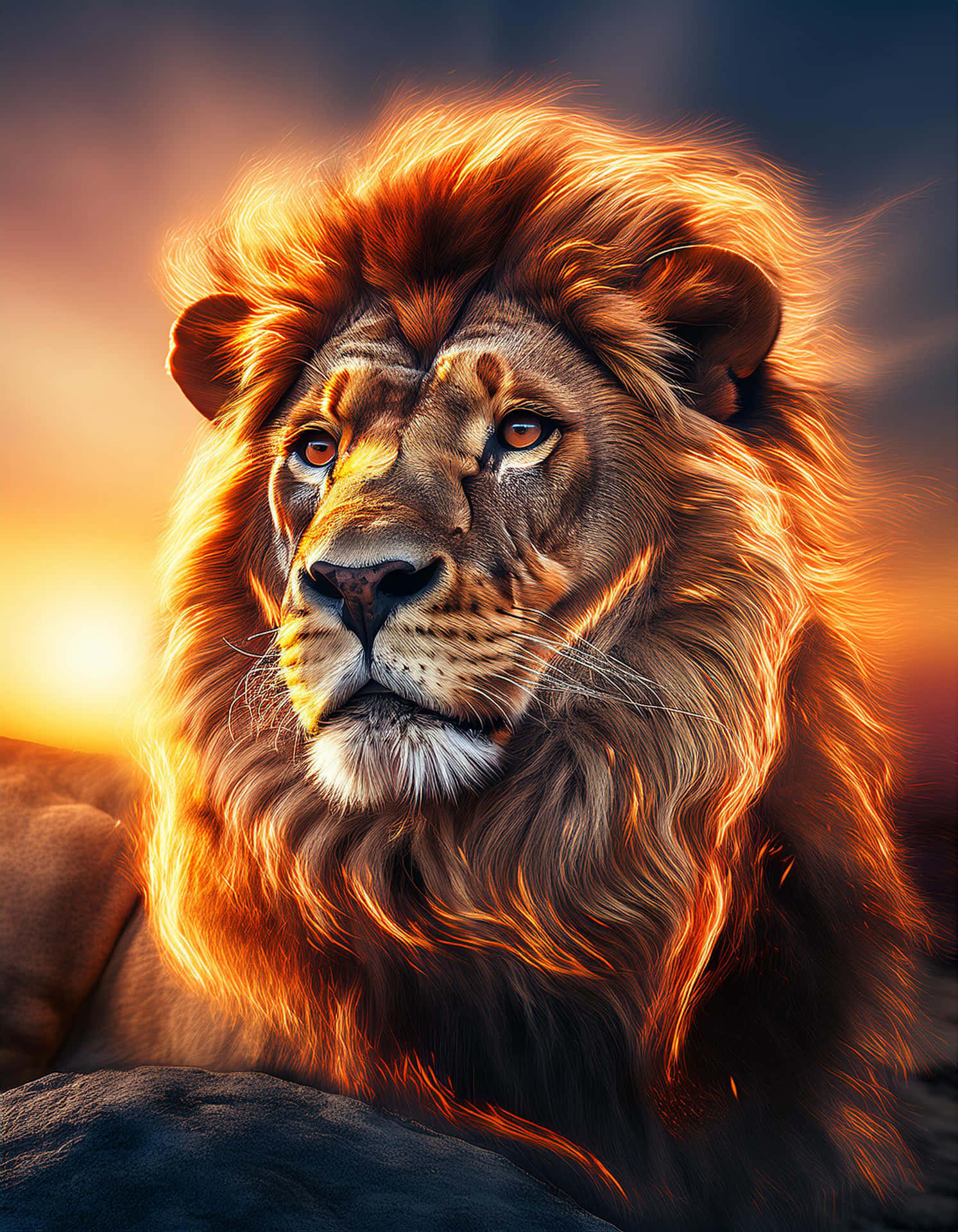 The Power of the Fiery Mane Lion 壁紙 — 一頭雄偉的雄獅，有著火焰般的鬃毛，向前凝視，金色的夕陽照亮了他的臉龐，映襯著漸暗的天空。