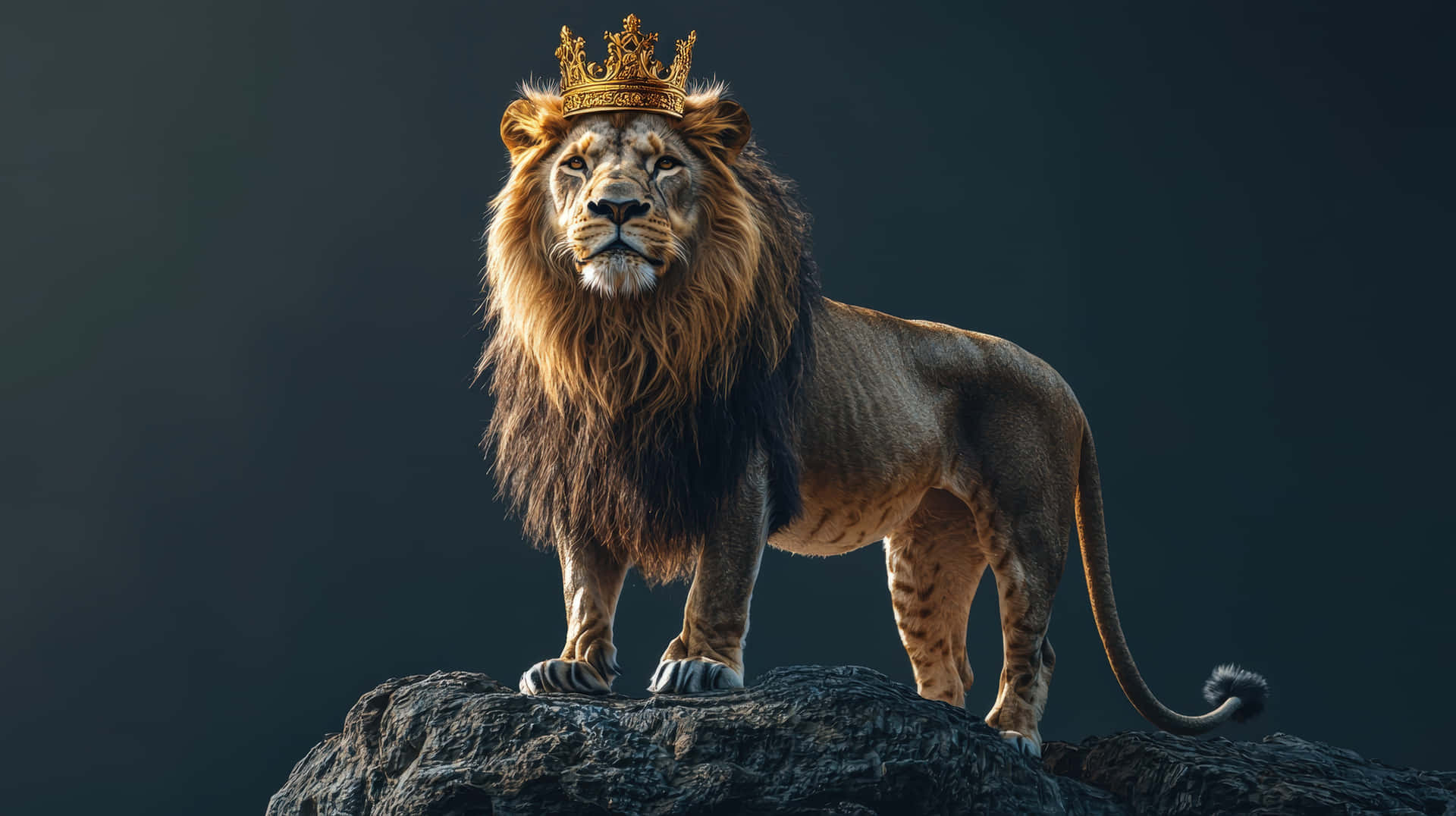 A powerful lion stands on a rock, wearing a golden crown, symbolizing strength, and leadership 壁紙 — 一頭雄偉的雄獅戴著金色王冠，威嚴地站在黑暗的岩石露頭上，背景是陰鬱的炭灰色。