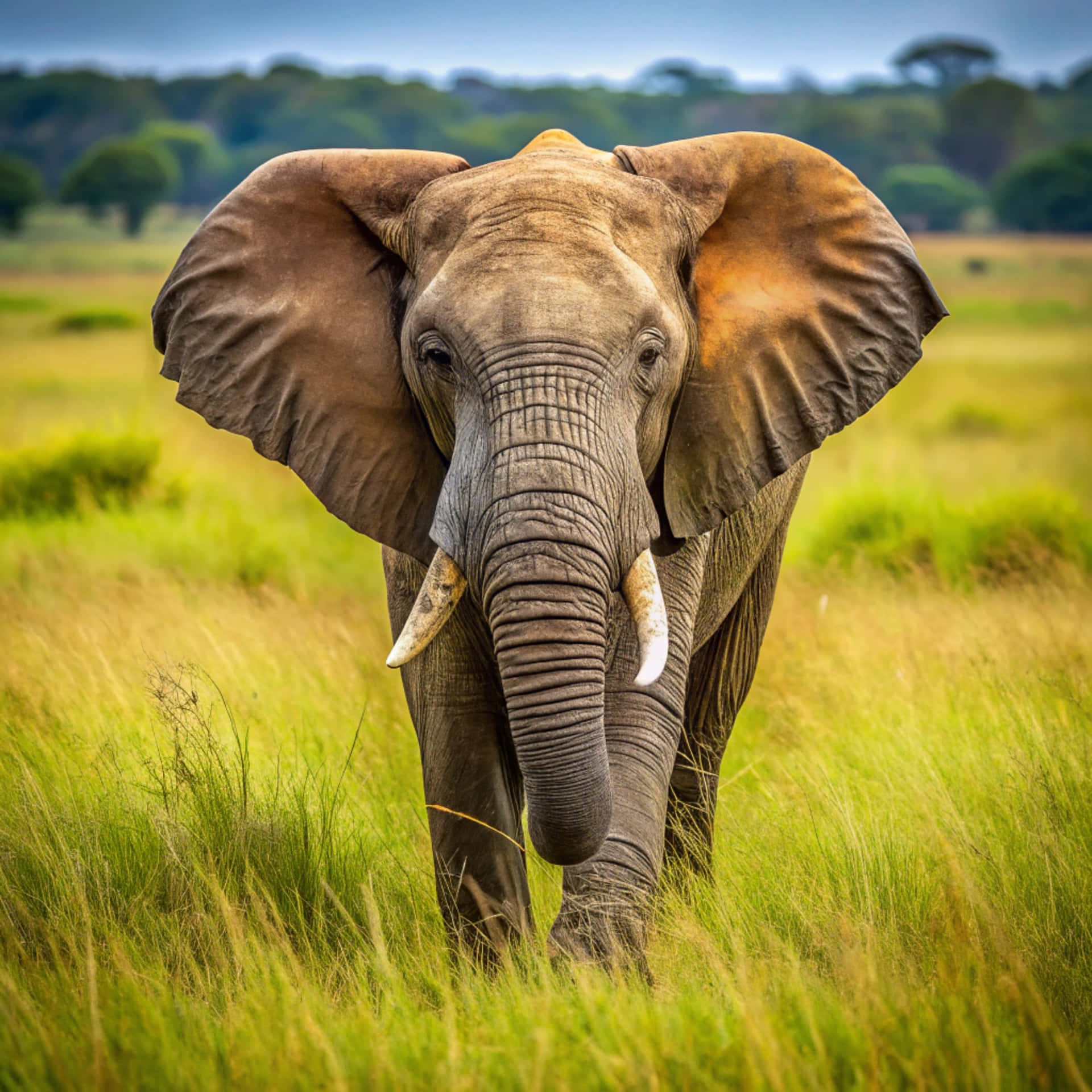 Elephant on the grass 壁紙 — 一頭雄偉的非洲大象，有著大耳朵和象牙，在柔和的藍天下穿過高高的金色草地。