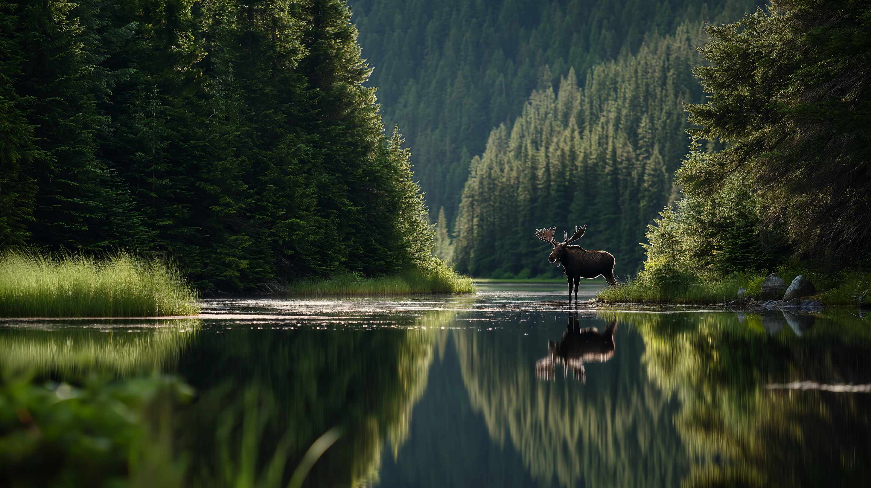 wildlife 桌布 壁紙 — 一頭雄偉的駝鹿站在平靜的水面上，倒映著高聳的常綠森林，沐浴在柔和的金色光線中。
