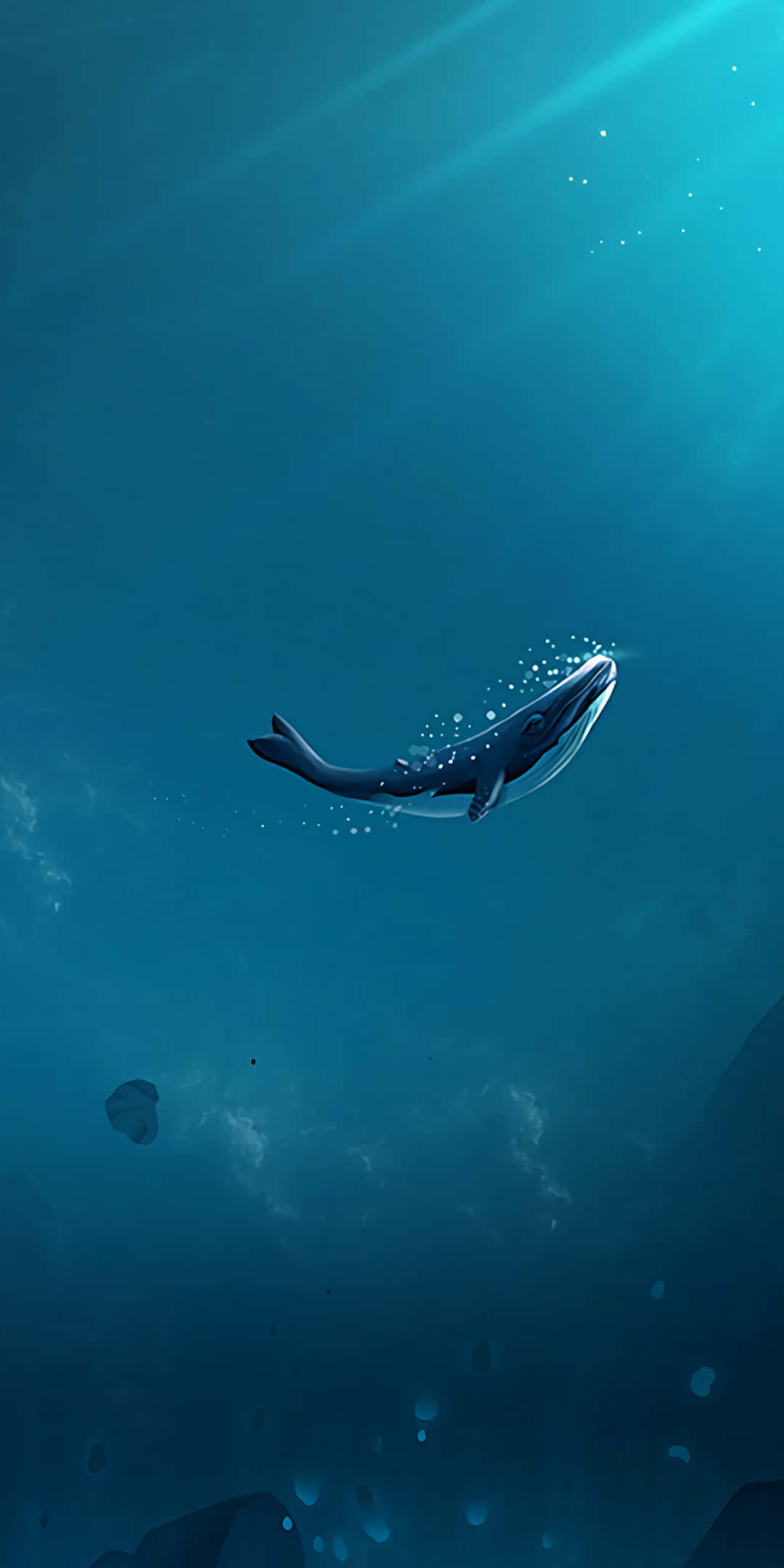 Pixel 3 Fish 桌布 壁紙 — 一頭雄偉的鯨魚在深藍色的海洋中滑行，陽光從上方照射下來。