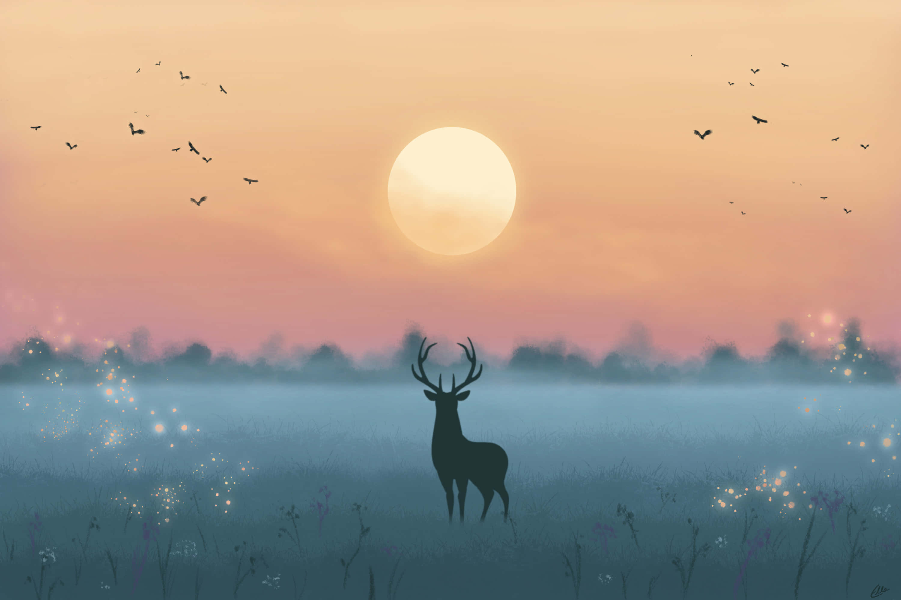 Deer Desktop 桌布 壁紙 — 一頭雄偉的鹿剪影矗立在霧氣瀰漫的黎明草地上，在發光的太陽下，鳥兒在柔和色彩的天空中翱翔。