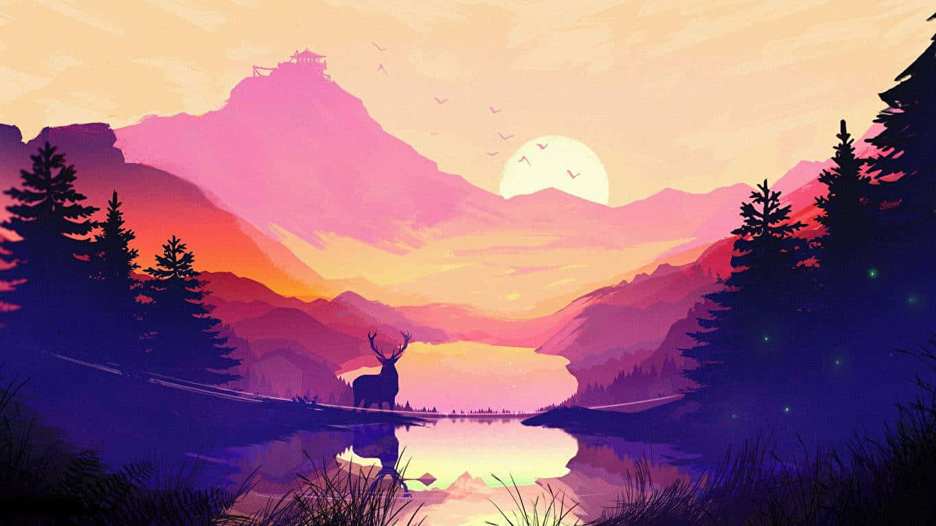 Silhouette 桌布 壁紙 — 一頭雄偉的鹿在日落時分站在寧靜的湖邊，在頂部有瞭望塔的粉紅色和橙色山脈的映襯下形成剪影。