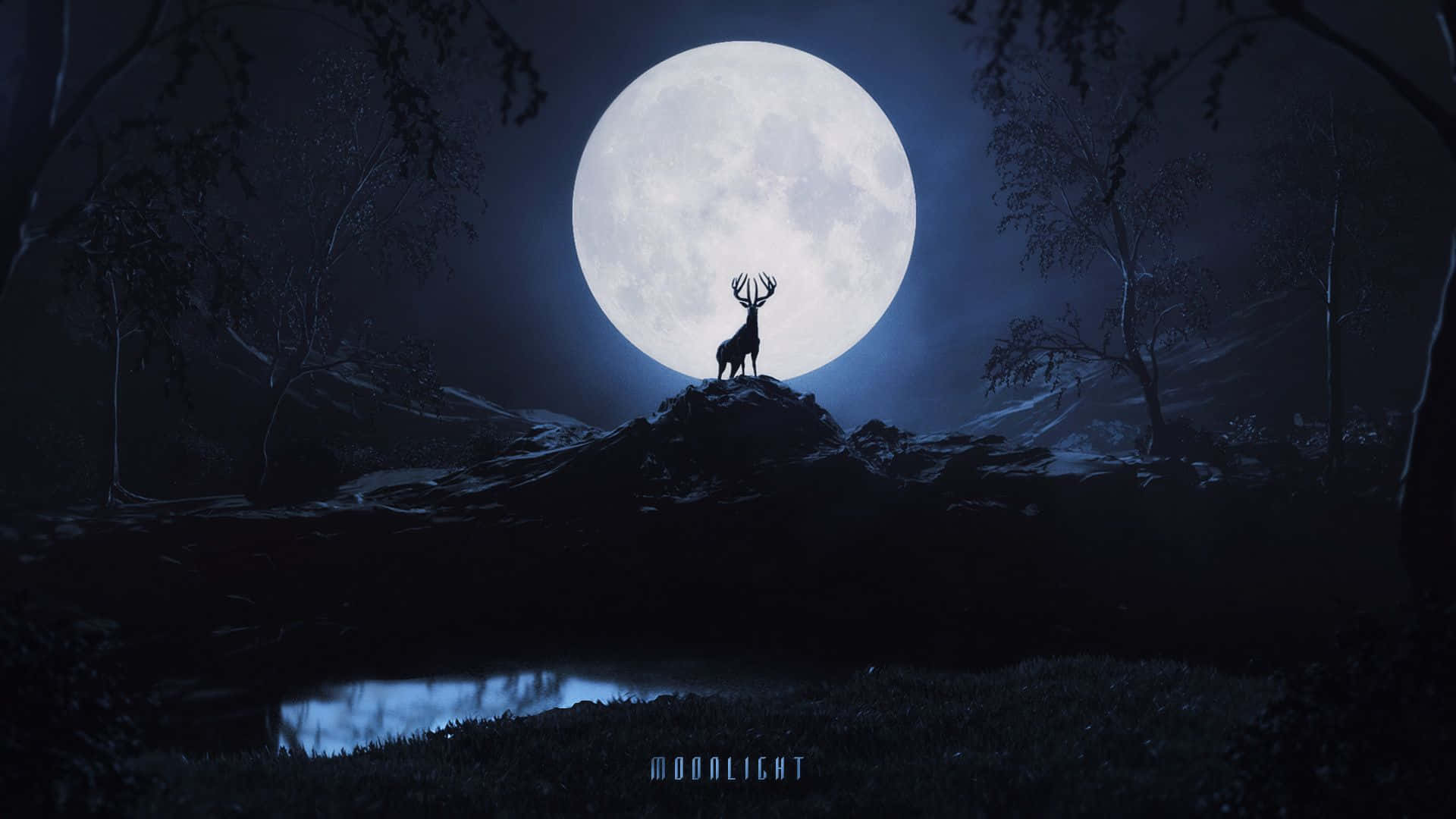 Moonlight 桌布 壁紙 — 一頭雄偉的鹿在白雪覆蓋的山丘上以剪影姿態站立，下方是一個巨大的滿月，散發著空靈的藍光，照耀著寧靜的森林和倒映的池塘。