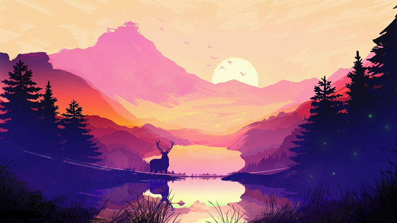 簡約 桌布 壁紙 — 一頭雄偉的鹿站在寧靜的湖邊，在日落時分，以發光的粉紅色和橙色山脈為背景，背後升起一輪滿月，形成剪影。