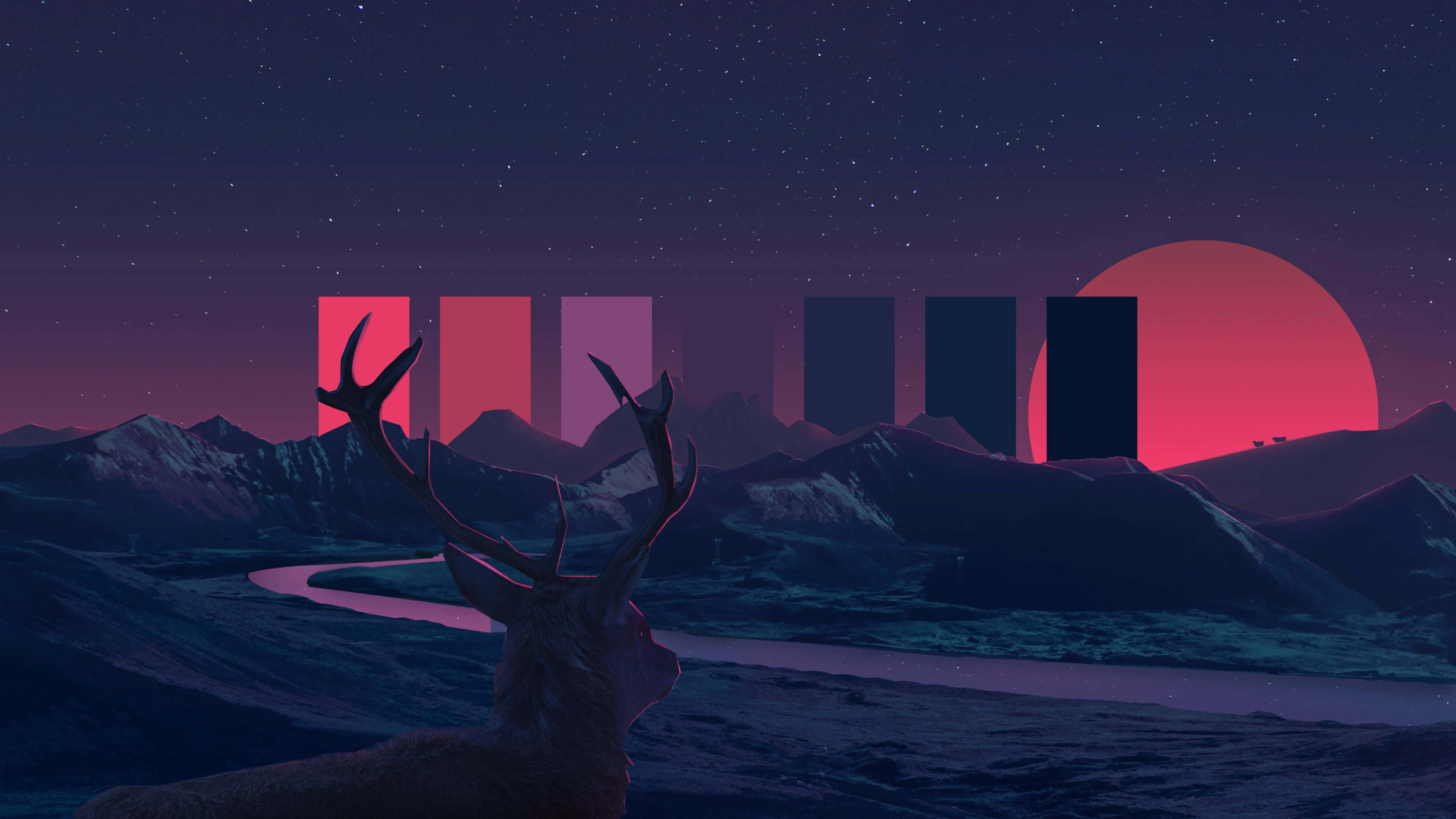 Mountain Aesthetic 桌布 壁紙 — 一頭雄偉的鹿站在超現實的山谷中，星空下，遠處有發光的粉紅色太陽和幾何粉紅色和黑色結構。