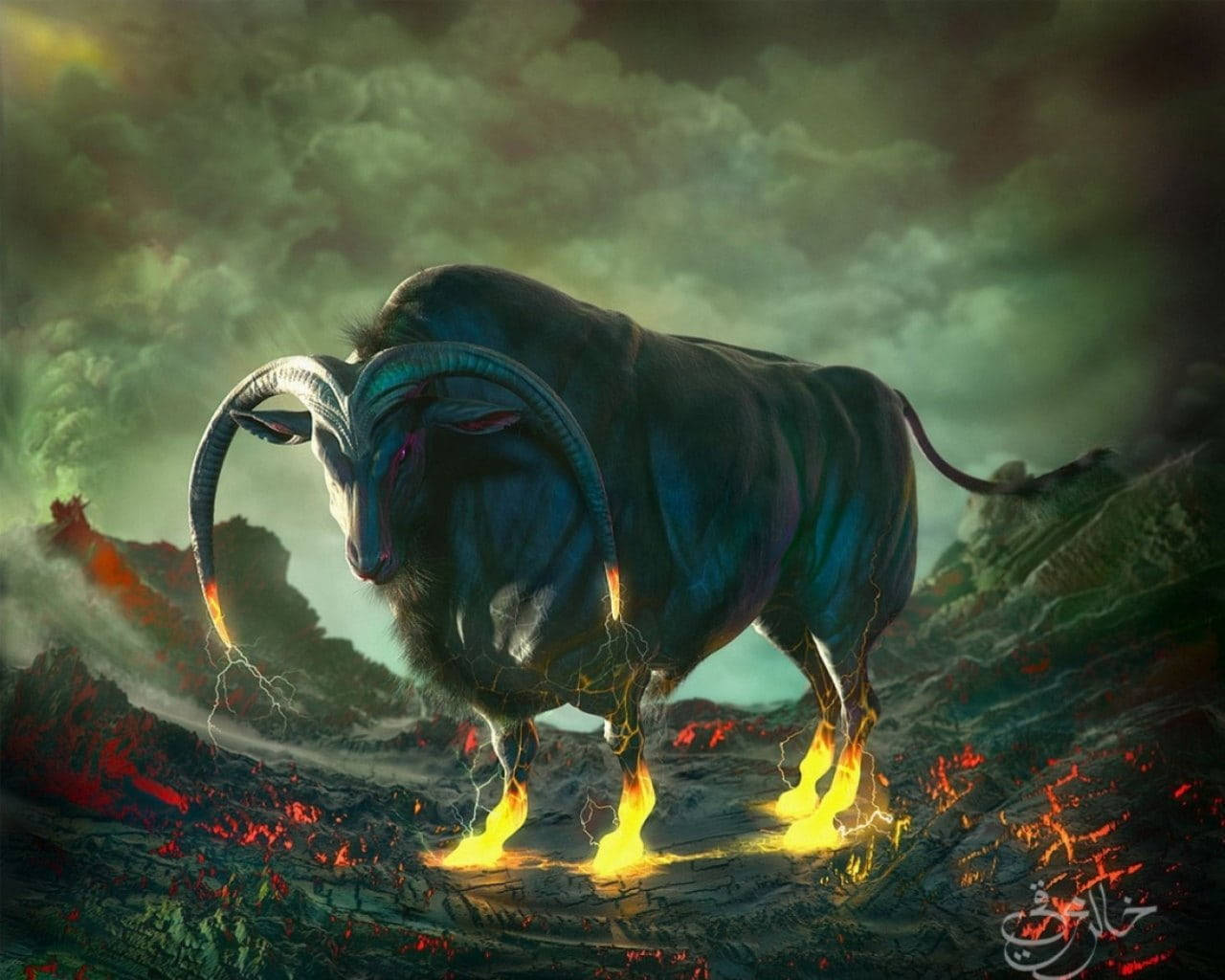 taurus 桌布 壁紙 — 一頭雄偉的黑牛，蹄子發光，站在火山景觀中，天空是暴風雨的綠色。