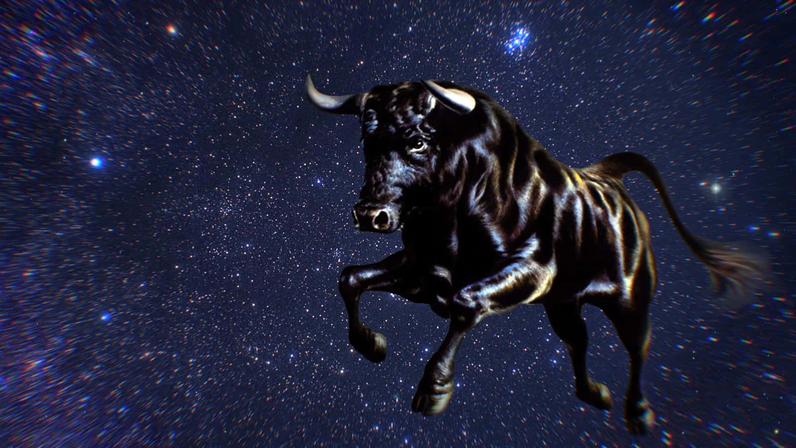taurus 桌布 壁紙 — 一頭雄偉的黑牛，雙眼發光，衝過佈滿星斗的宇宙天空，充滿了鮮豔的星雲和遙遠的恆星。