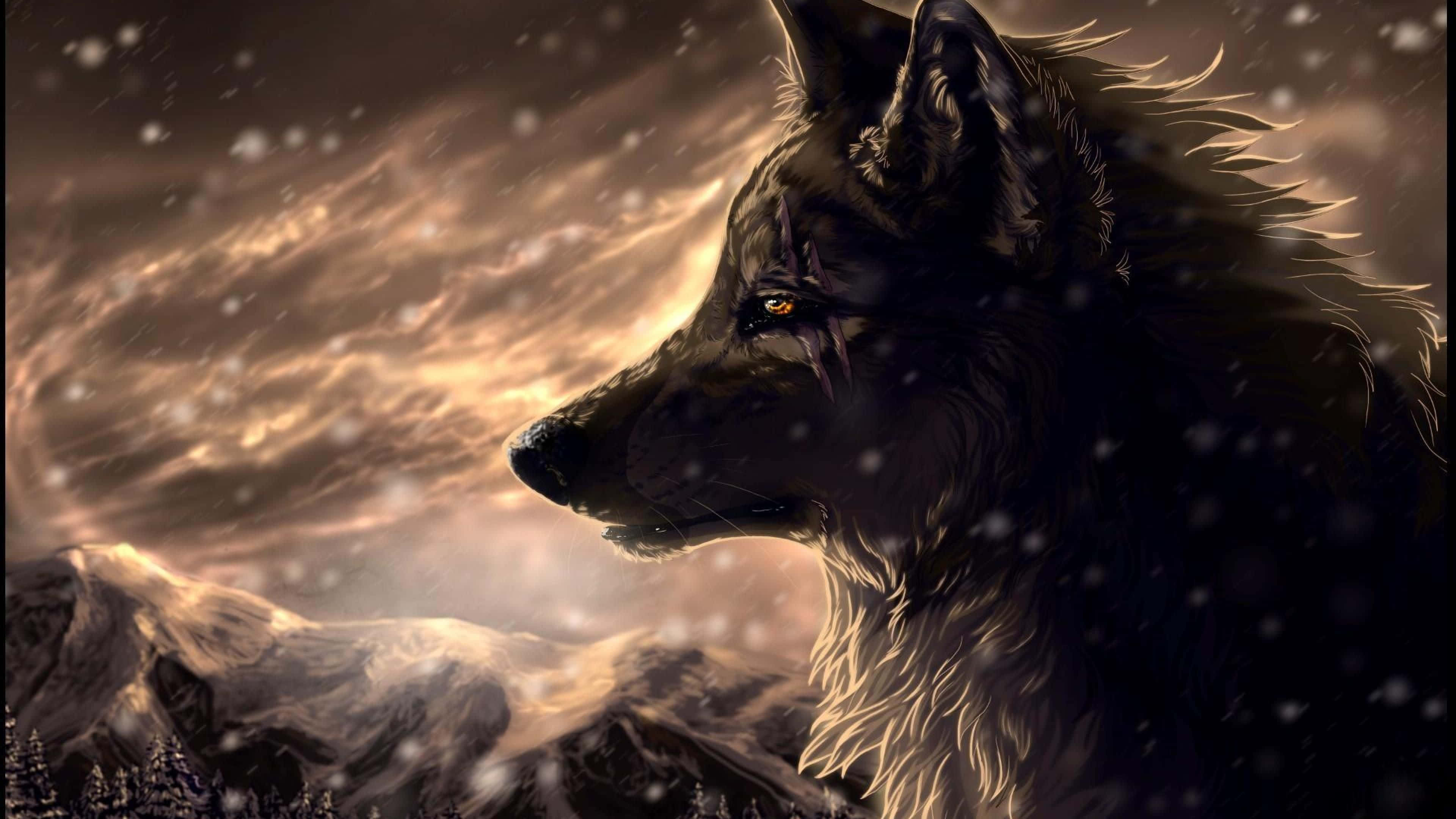 Anime Wolf Art 桌布 壁紙 — 一頭雄偉的黑狼站在白雪皚皚的山景中，天空旋轉著金色，雪花飄落。