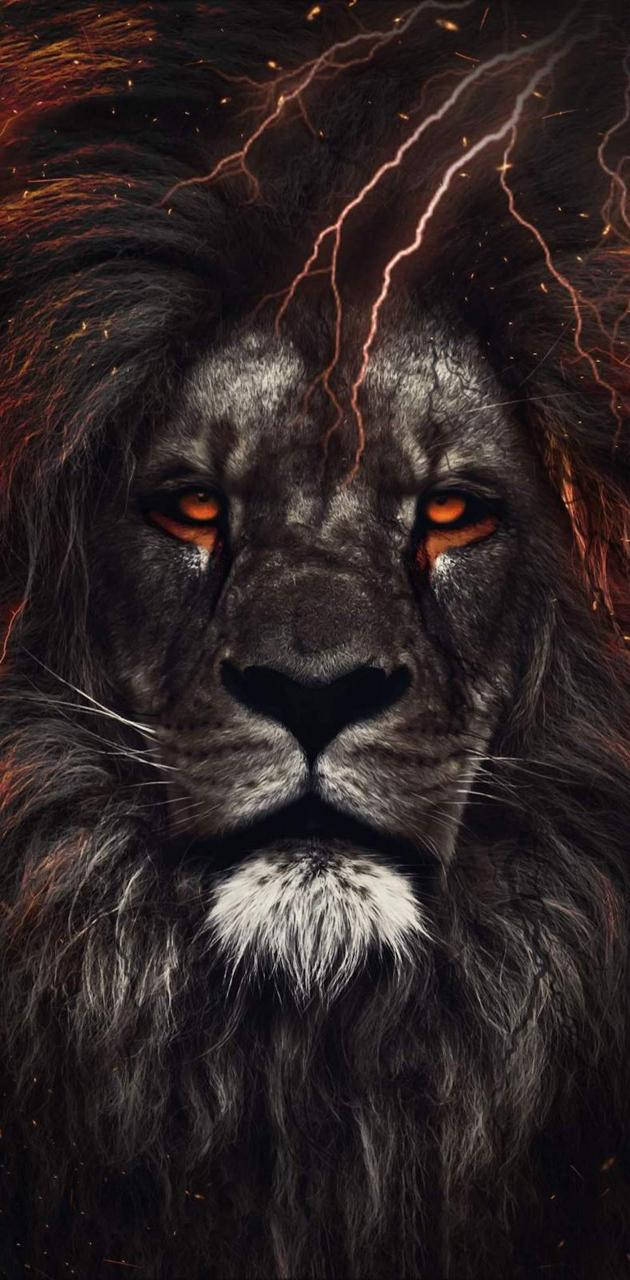 Leo 桌布 壁紙 — 一頭雄偉的黑獅子，擁有發光的橙色眼睛，鬃毛中閃電劈啪作響，背景為黑暗。