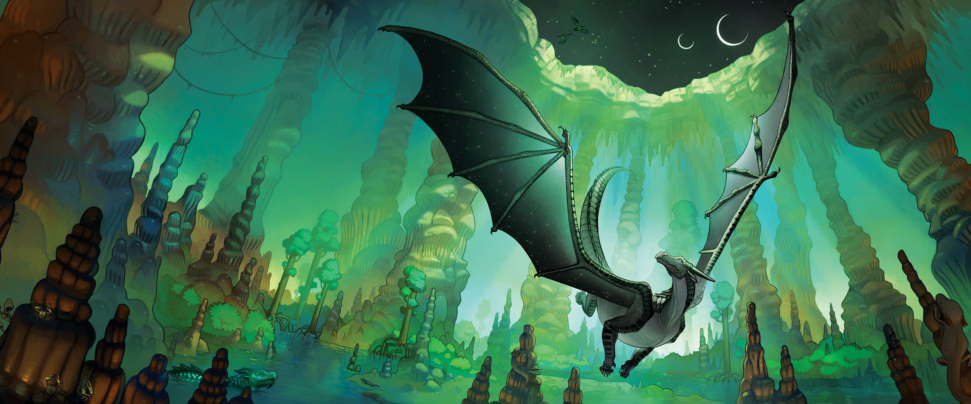 Wings Of Fire 桌布 壁紙 — 一頭雄偉的黑龍在彎月和星星下，翱翔於發光的綠色洞穴中。