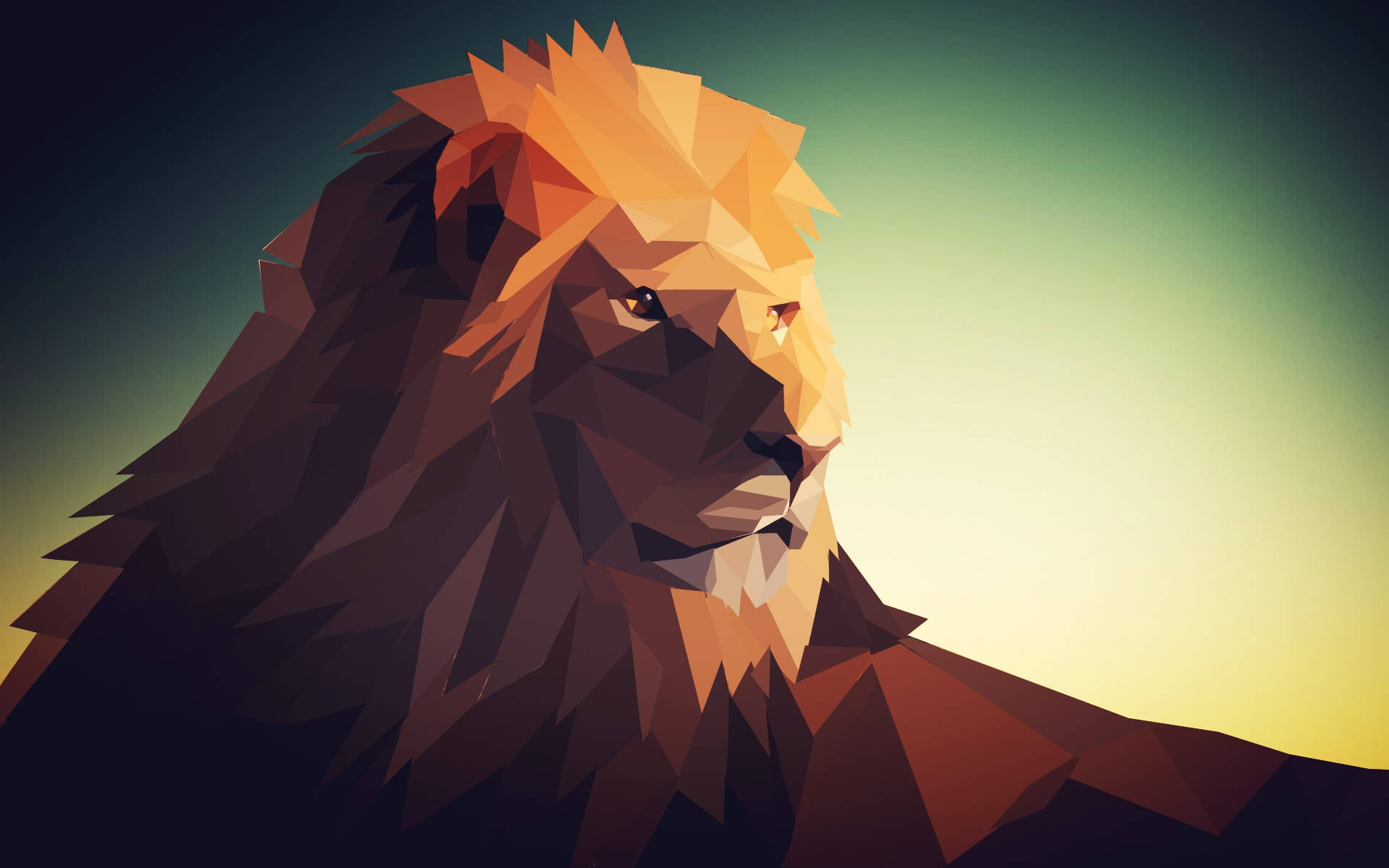 Polygon 桌布 壁紙 — 一頭雄獅以大膽的幾何面呈現，帶有溫暖的金色和深棕色色調，背景是漸變的日落天空。