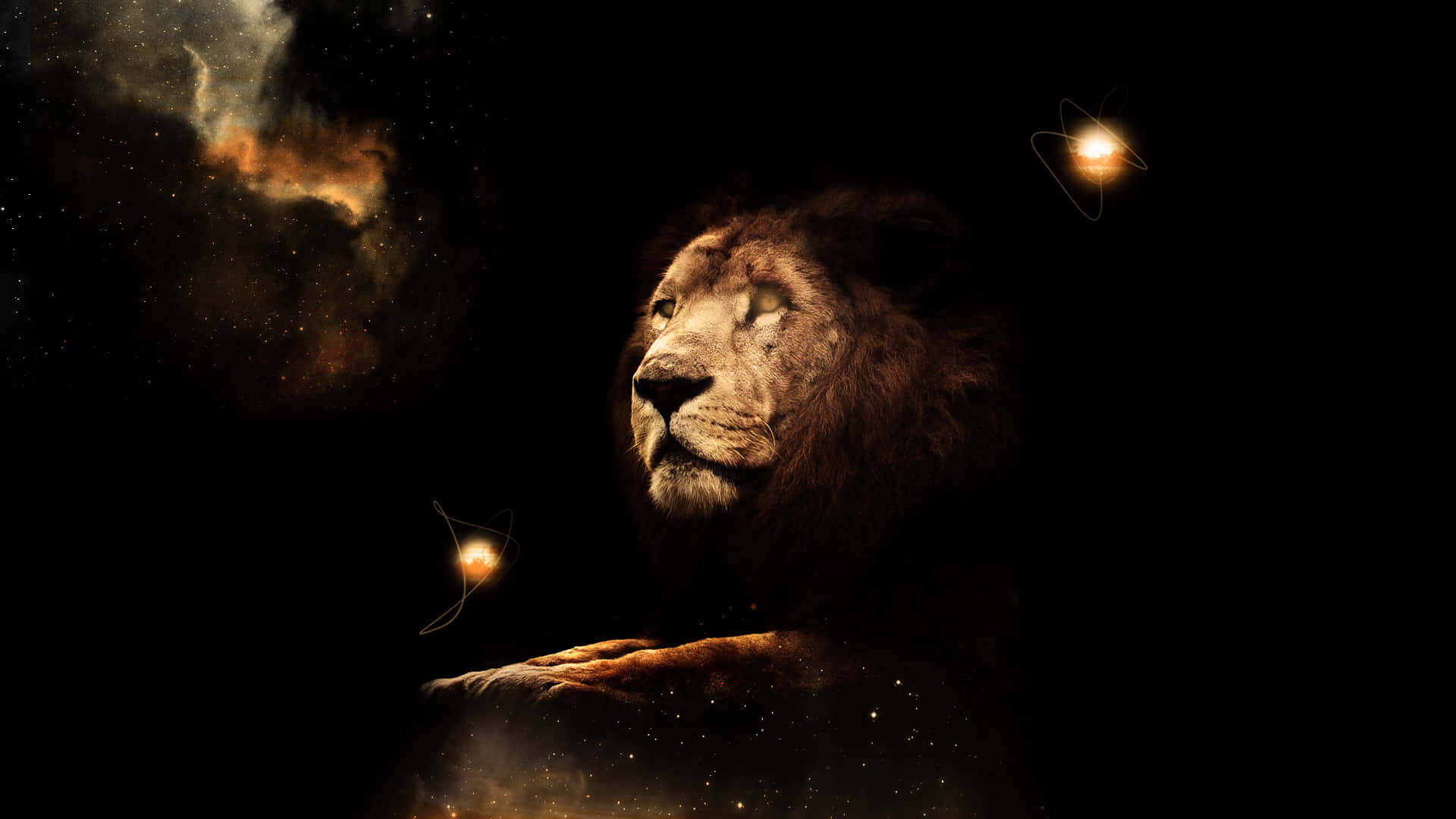 獅子 桌布 壁紙 — 一頭雄獅仰望星空，背景是發光的星雲和漂浮的原子符號。