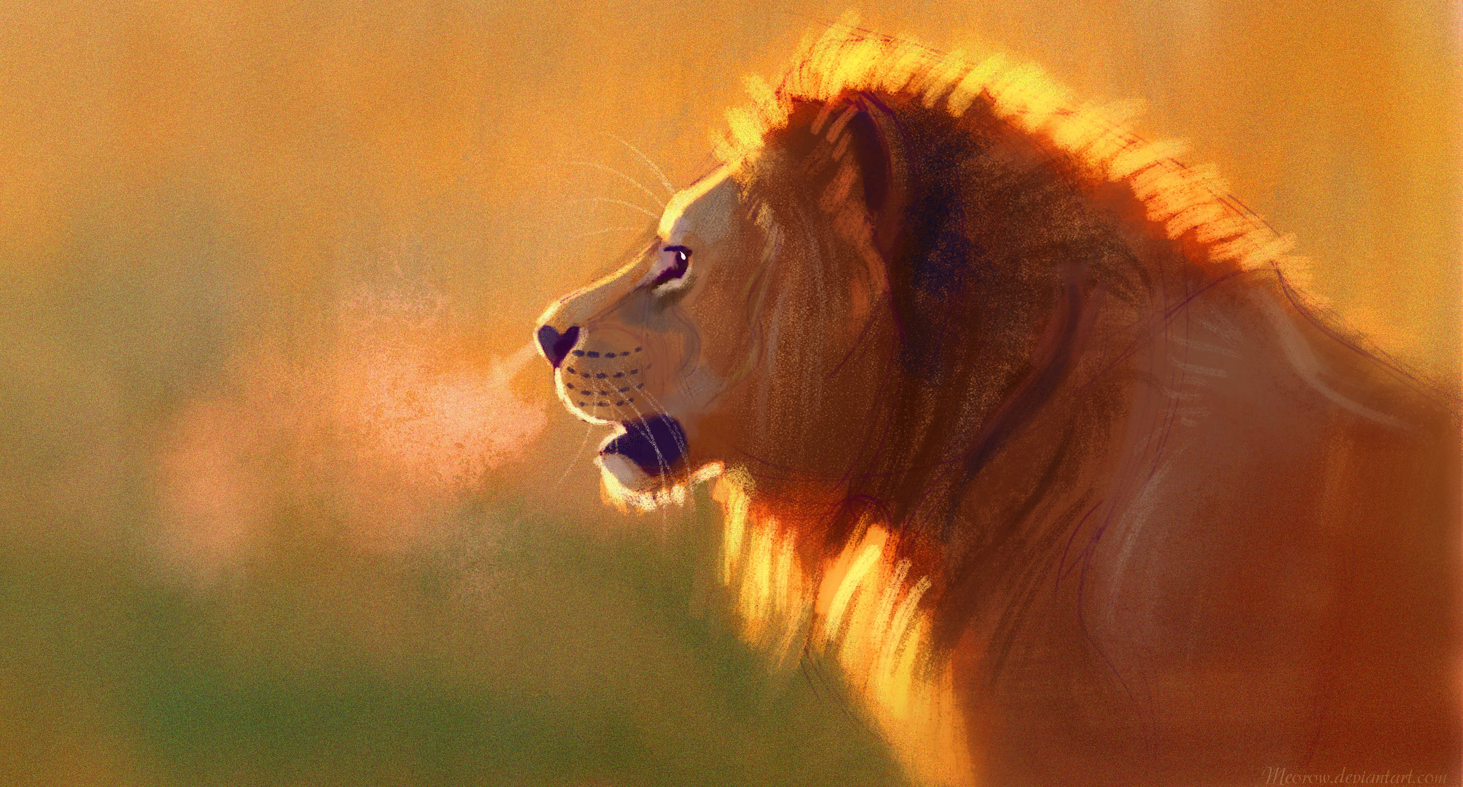 獅子王 桌布 壁紙 — 一頭雄獅側面沐浴在金色夕陽光中，背景是柔和模糊的稀樹草原。