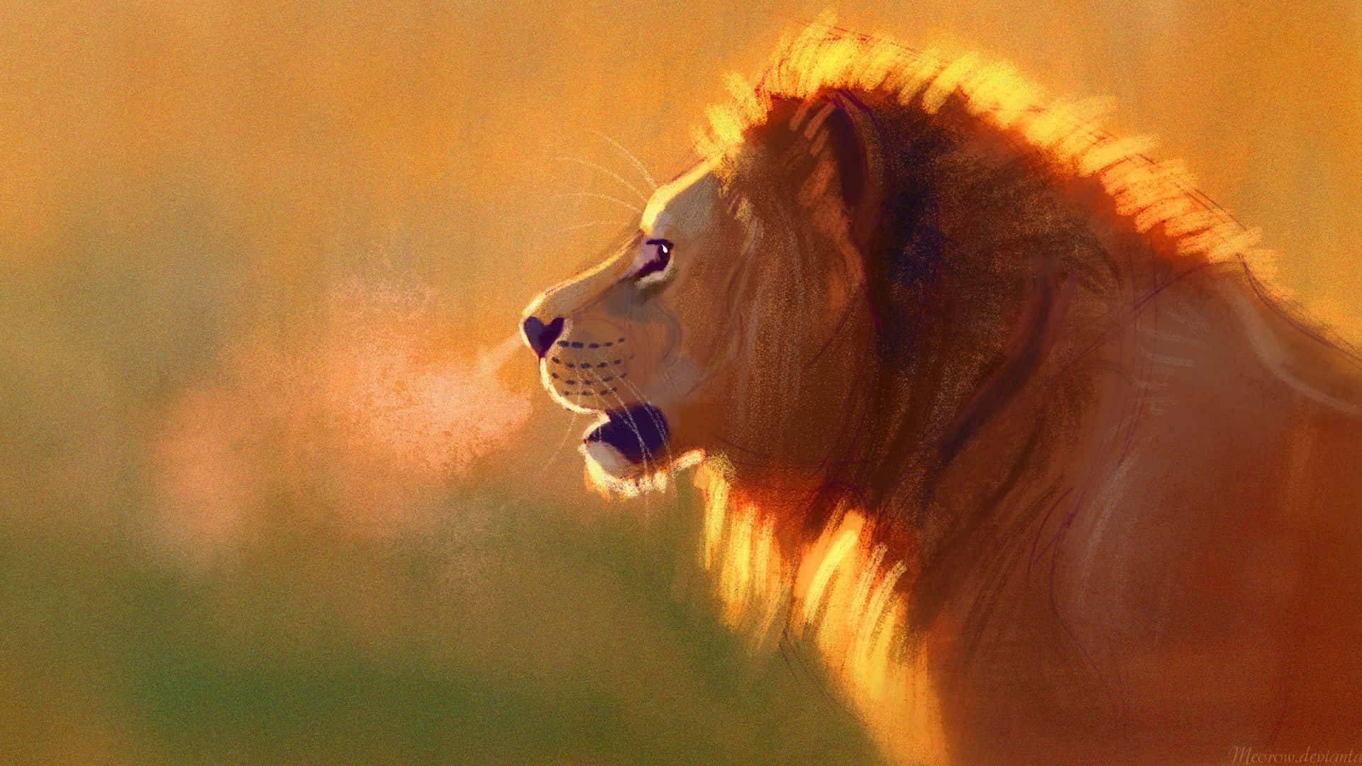 動物 桌布 壁紙 — 一頭雄獅側面輪廓沐浴在金黃色日落光中，背景是柔和模糊的稀樹草原。
