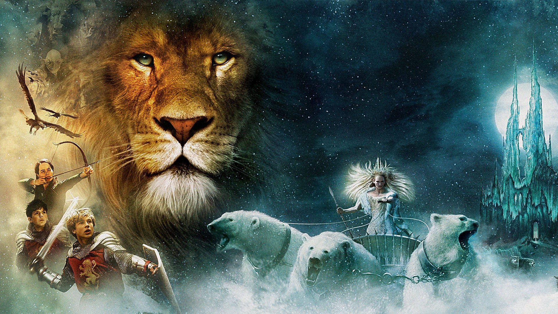 Narnia 桌布 壁紙 — 一頭雄獅向前凝視，冒險者和北極熊在滿月下，於水晶城堡附近的雪夜中奔馳。