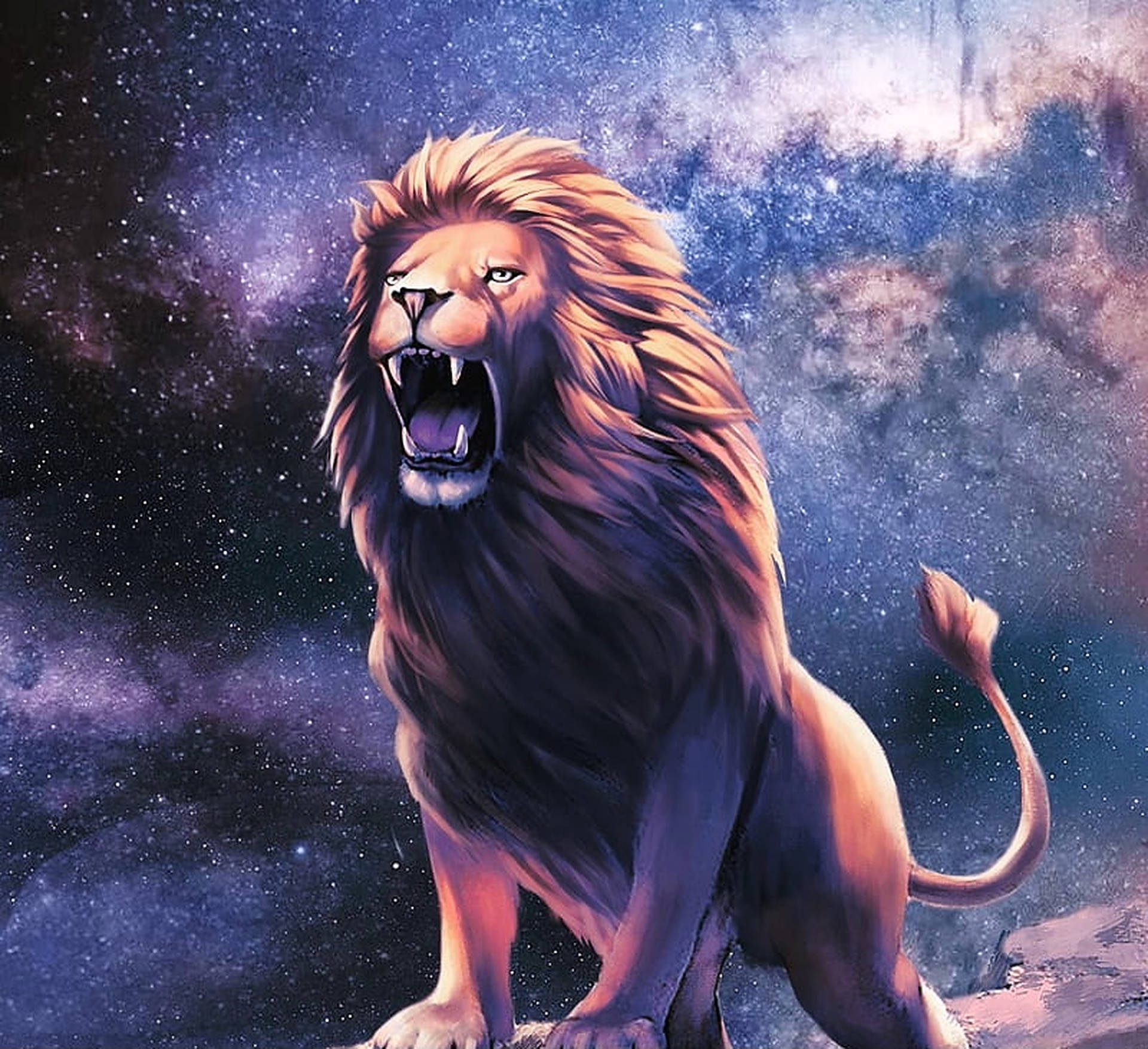 一頭咆哮的獅子站在星空下的宇宙景觀上。 — 銀河獅子 壁紙