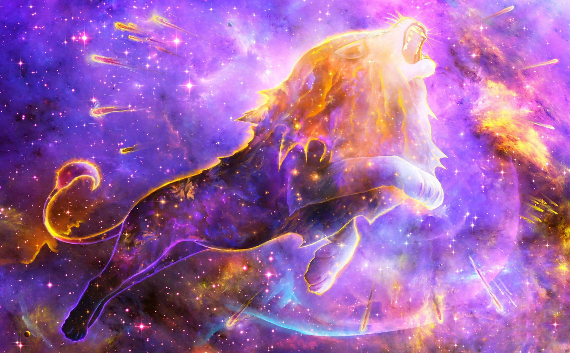  壁紙 — 一頭雄獅在充滿活力的宇宙星雲中咆哮，星雲散發著紫色、金色和粉紅色的光芒。
