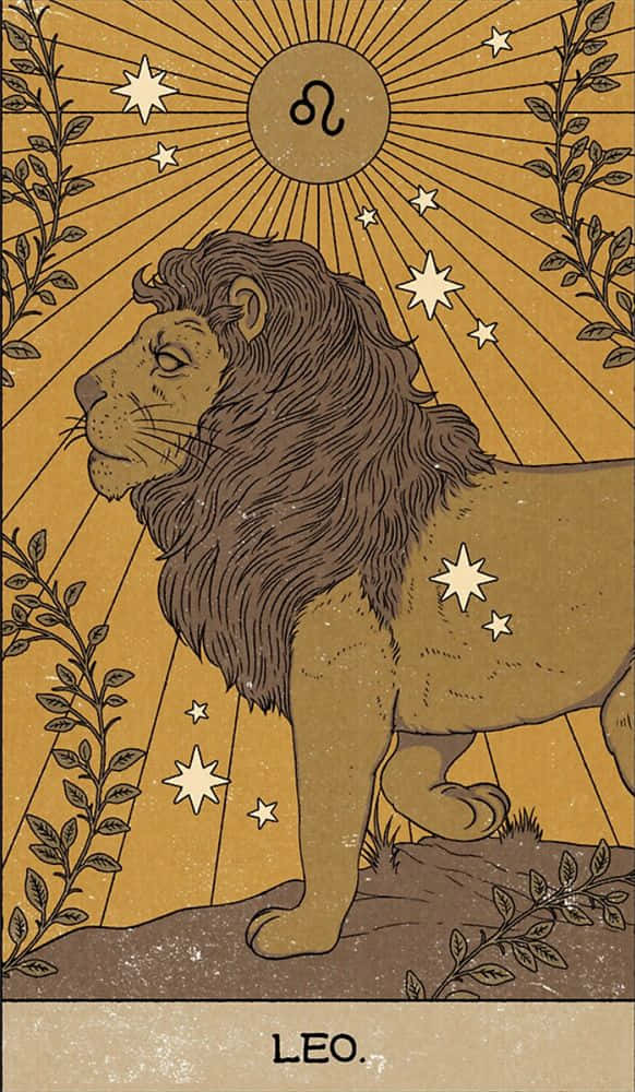 Zodiac Signs 桌布 壁紙 — 一頭雄獅在光芒四射的太陽下，帶有星座符號和星星，被藤蔓環繞在金色背景上，威嚴地站立。