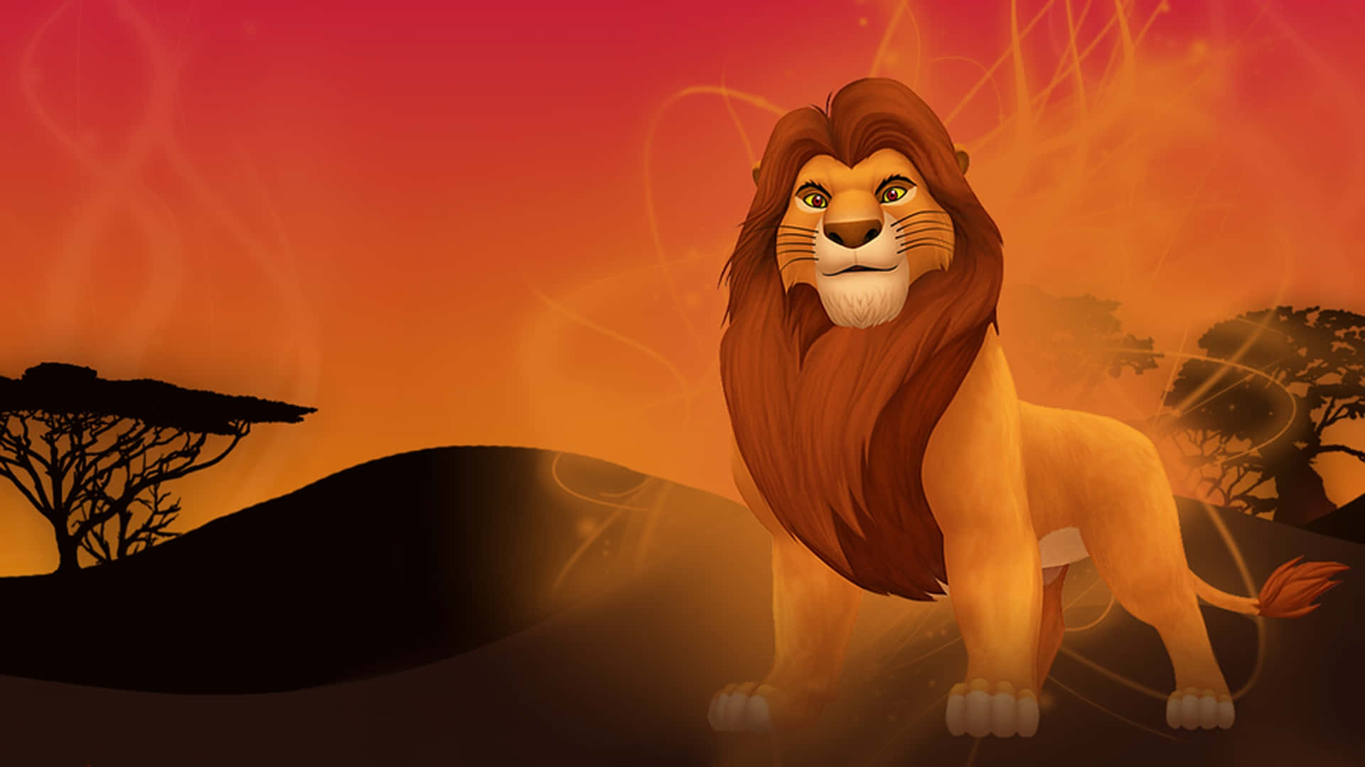 Lion King 4K 桌布 壁紙 — 一頭雄獅在日落時分的稀樹草原上傲然挺立，背景是火紅的橙色天空和剪影般的金合歡樹。