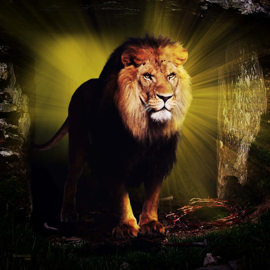 Lion Of Judah 桌布 壁紙 — 一頭雄獅威嚴地站在岩石洞穴中，金色的光芒戲劇性地從其背後照射，照亮了牠的鬃毛。
