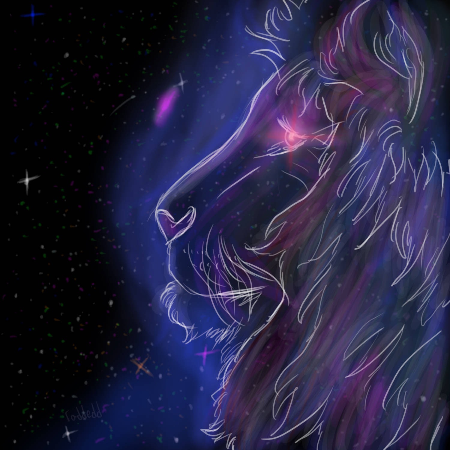 銀河 桌布 壁紙 — 一頭雄獅的側面從宇宙星雲中浮現，伴隨著閃爍的星星和充滿活力的紫藍色調。