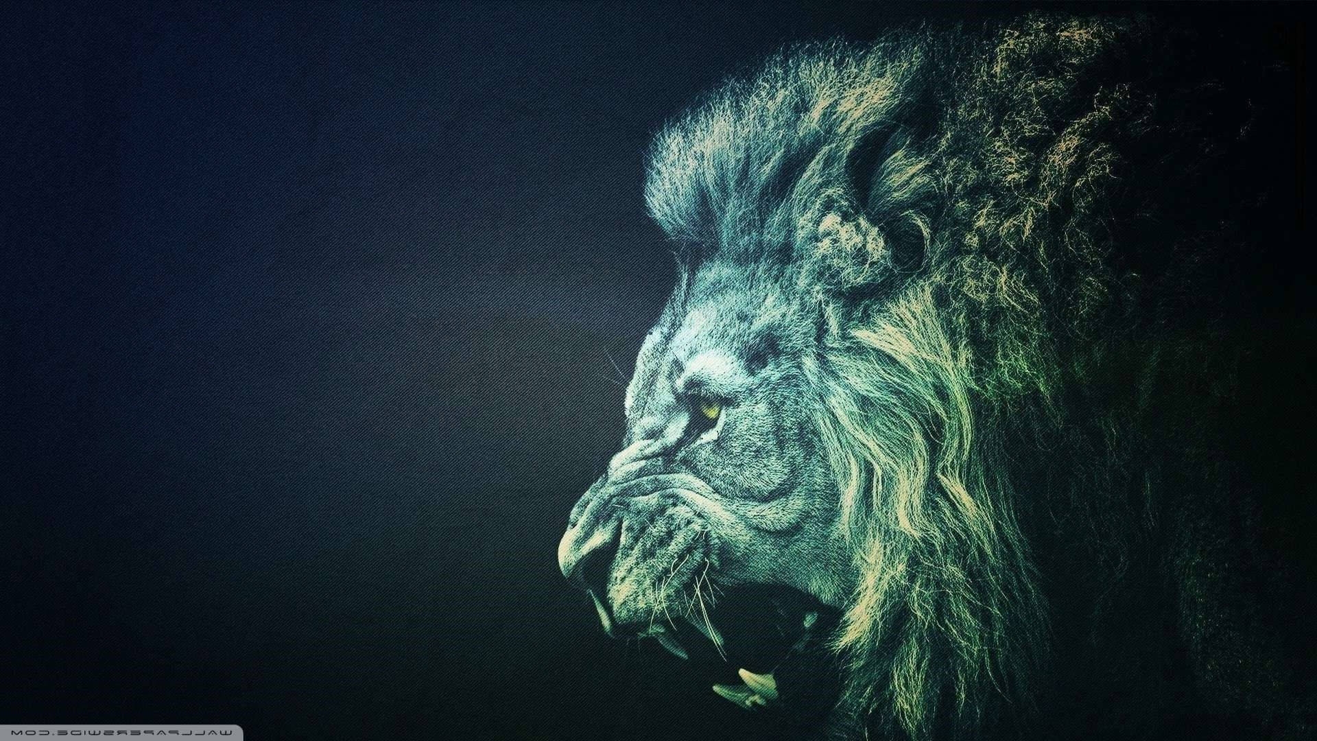 Cool Lion 桌布 壁紙 — 一頭雄獅的側面輪廓在深藍色背景上散發著詭異的綠光。