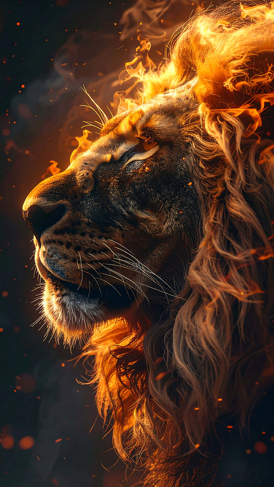 一頭獅子的頭像，火焰和發光的餘燼在鬃毛周圍旋轉，背景黑暗。 — 獅子 壁紙