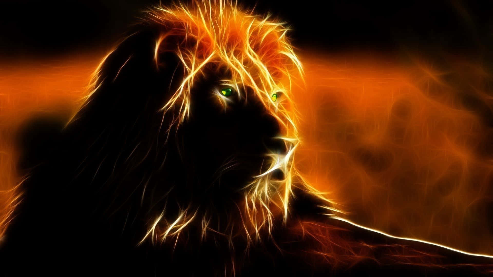 Lion Of Judah 桌布 壁紙 — 一頭雄獅的剪影在黑暗煙霧背景中散發出熾熱的橙色和黃色能量。