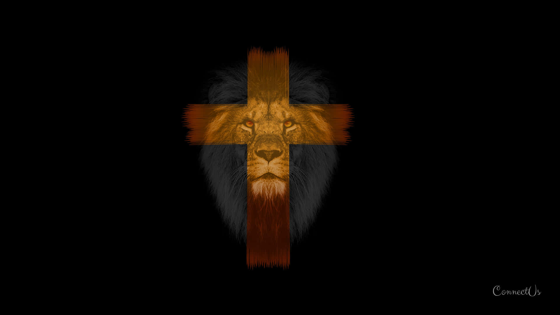 Christian Macbook 桌布 壁紙 — 一頭雄獅的臉在純黑背景上形成一個發光的金色十字架。