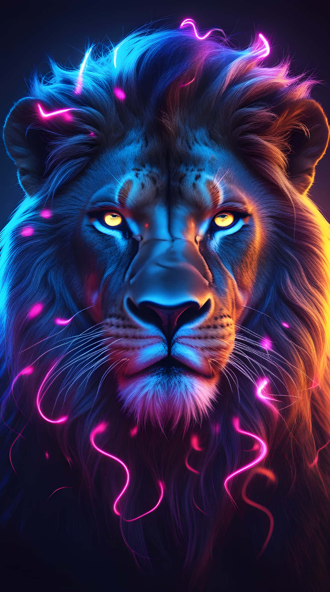 A gigantic lion wallpaper 壁紙 — 一頭雄獅的臉在黑暗背景下散發出電光藍和霓虹粉紅的能量。