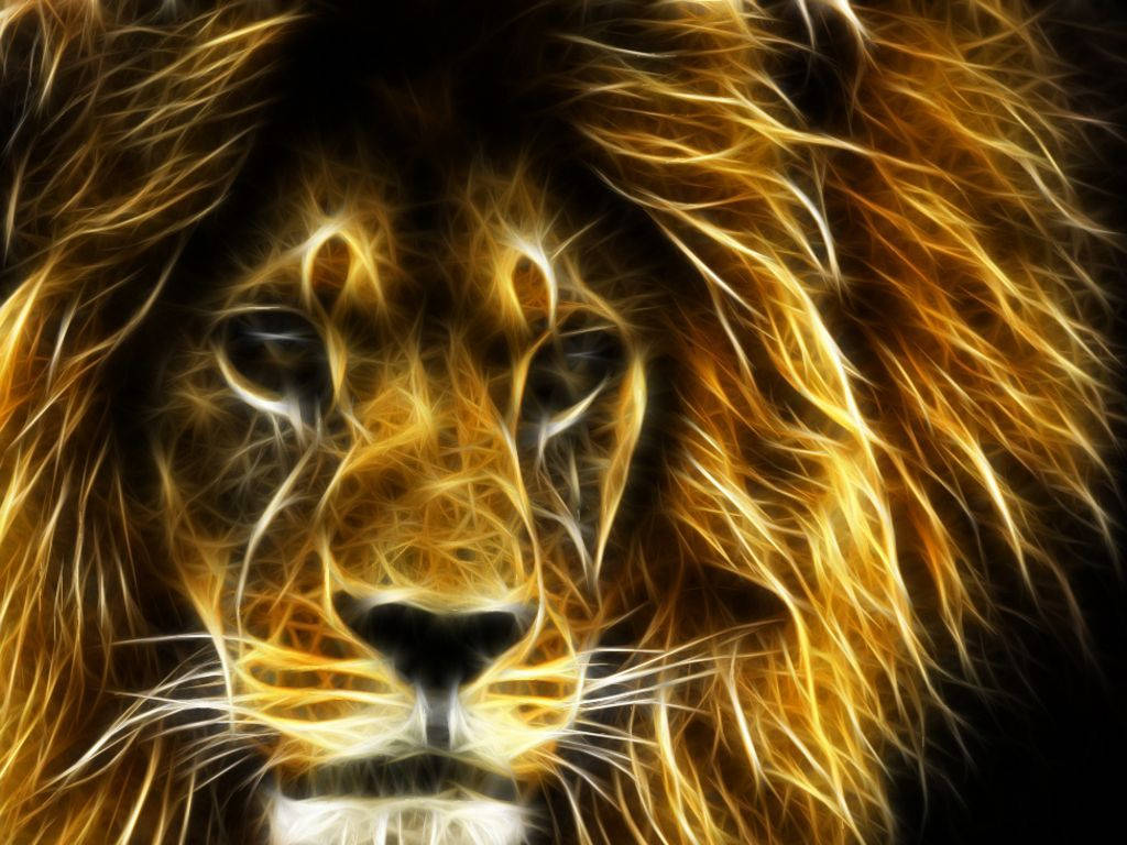 Cool Lion 桌布 壁紙 — 一頭雄獅的臉在黑暗背景中散發出金色光芒，帶有火焰般的電光鬃毛。