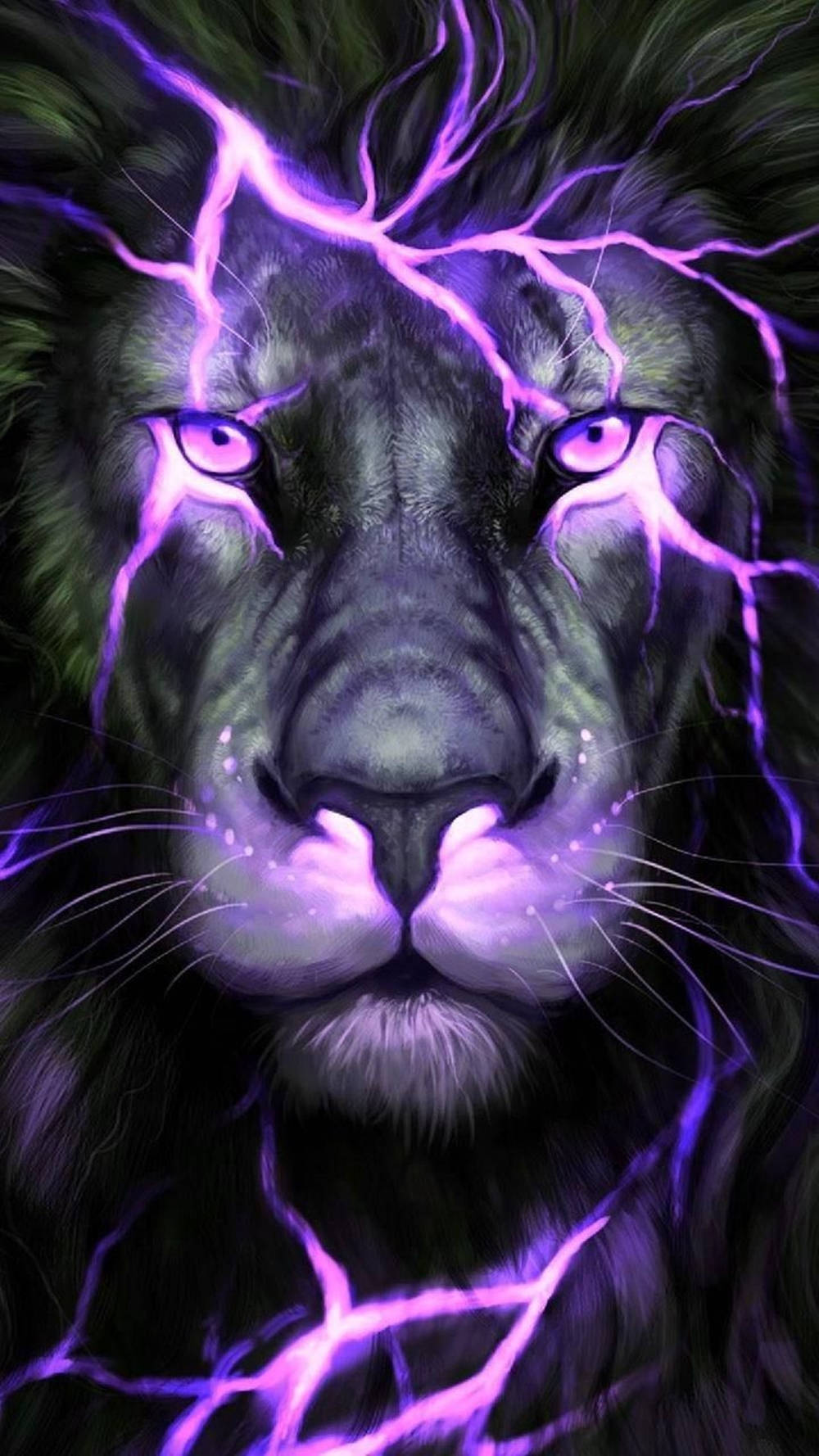 一頭獅子，其臉部和眼睛周圍有紫色閃電閃爍。 — 銀河獅子 壁紙