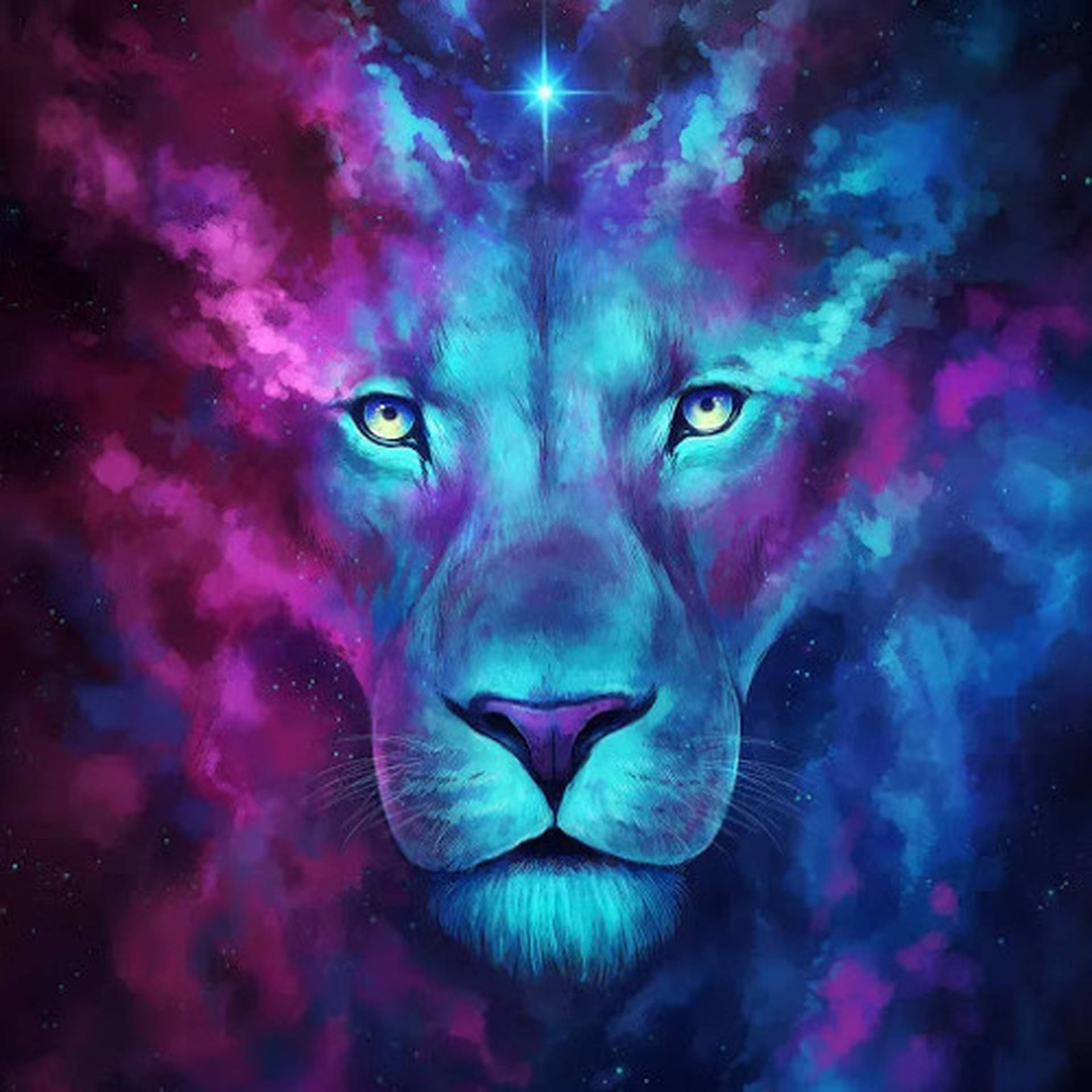 獅子的臉在繁星點點的星雲背景下閃爍著宇宙色彩。 — 銀河獅子 壁紙