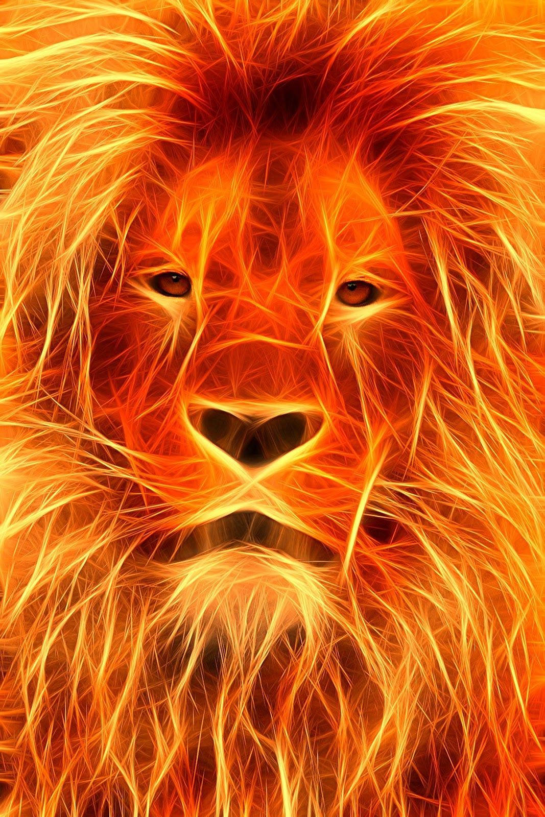 Lion Head 桌布 壁紙 — 一頭雄獅的臉散發出熾熱的橙色和黃色能量，眼睛發光，毛髮如電絲般飄逸。