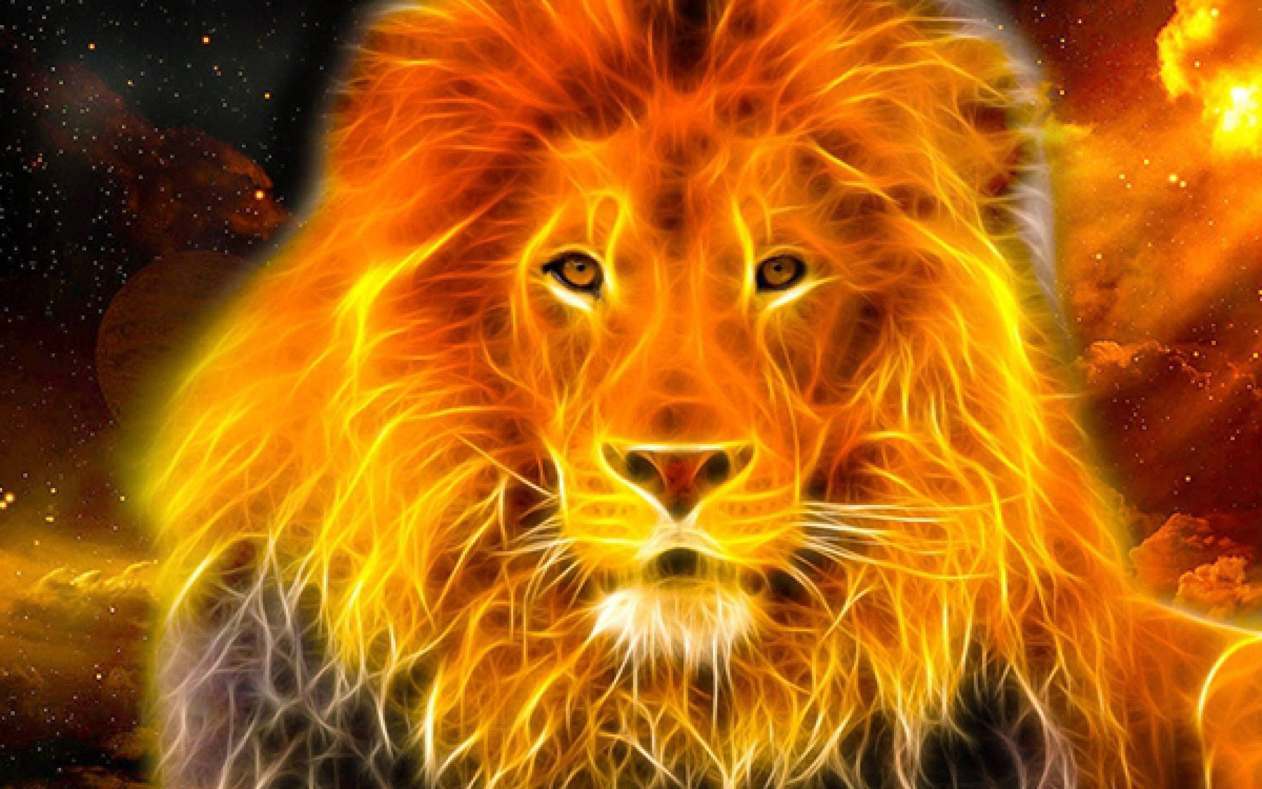 Lion Head 桌布 壁紙 — 一頭雄獅的臉龐在宇宙星空背景下散發出熾熱的橙色和黃色能量。