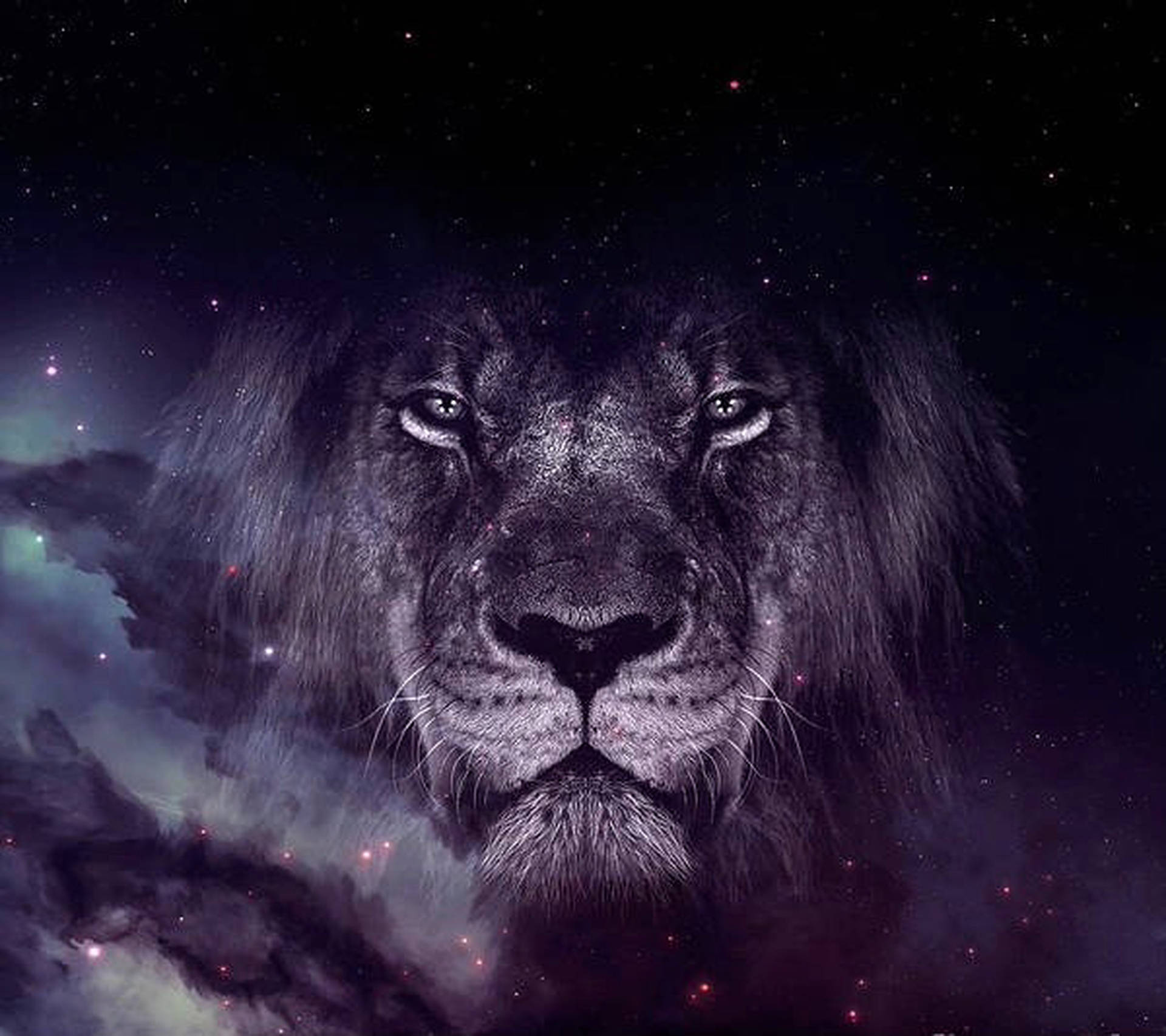 在佈滿星辰的宇宙星雲中，一張獅子的臉龐，伴隨著紫色和藍綠色的雲彩。 — 銀河獅子 壁紙
